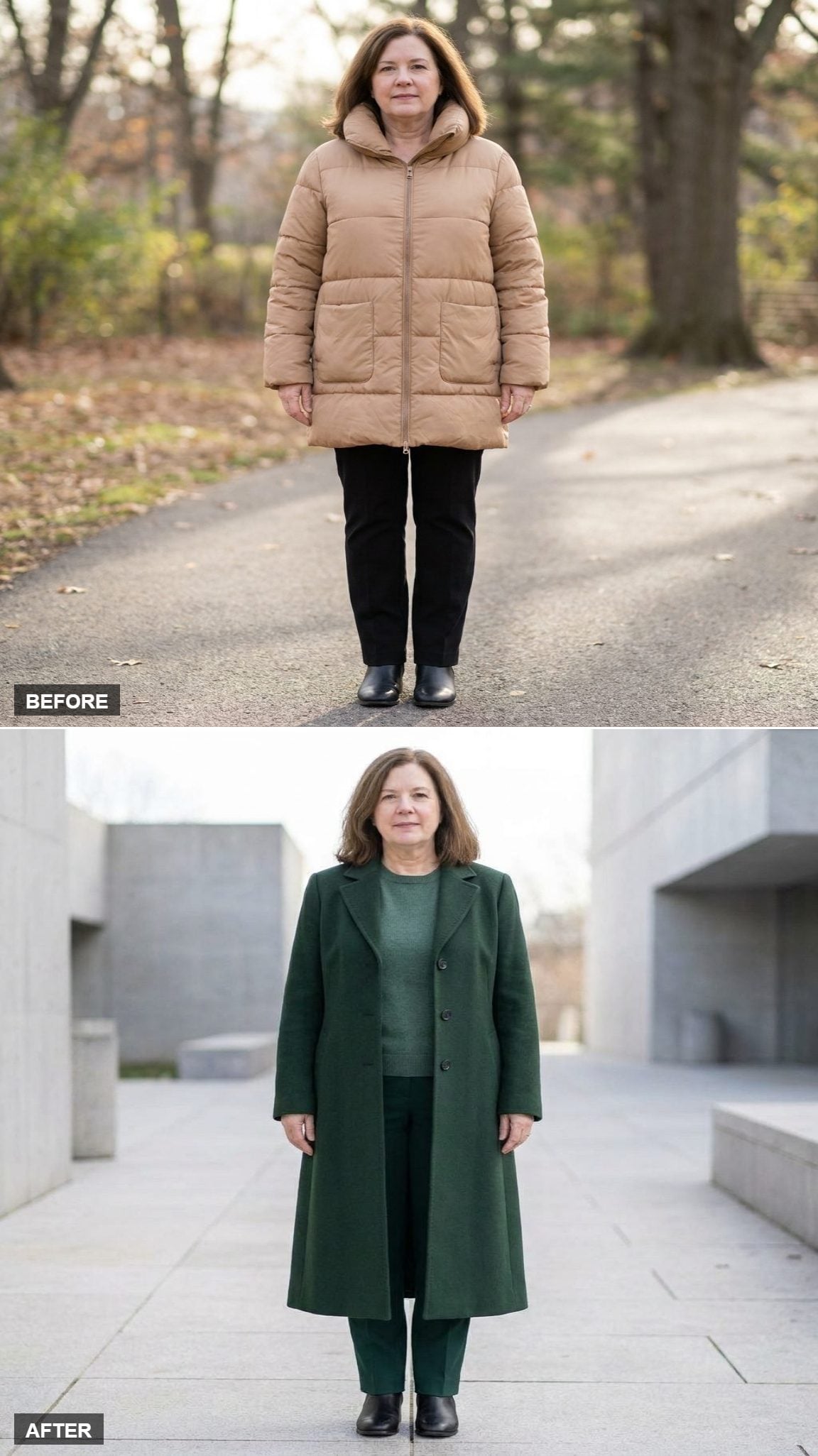 Forest-Green Ankle-Skimming Column Coat Over Tonal Trousers at a Museum Plaza