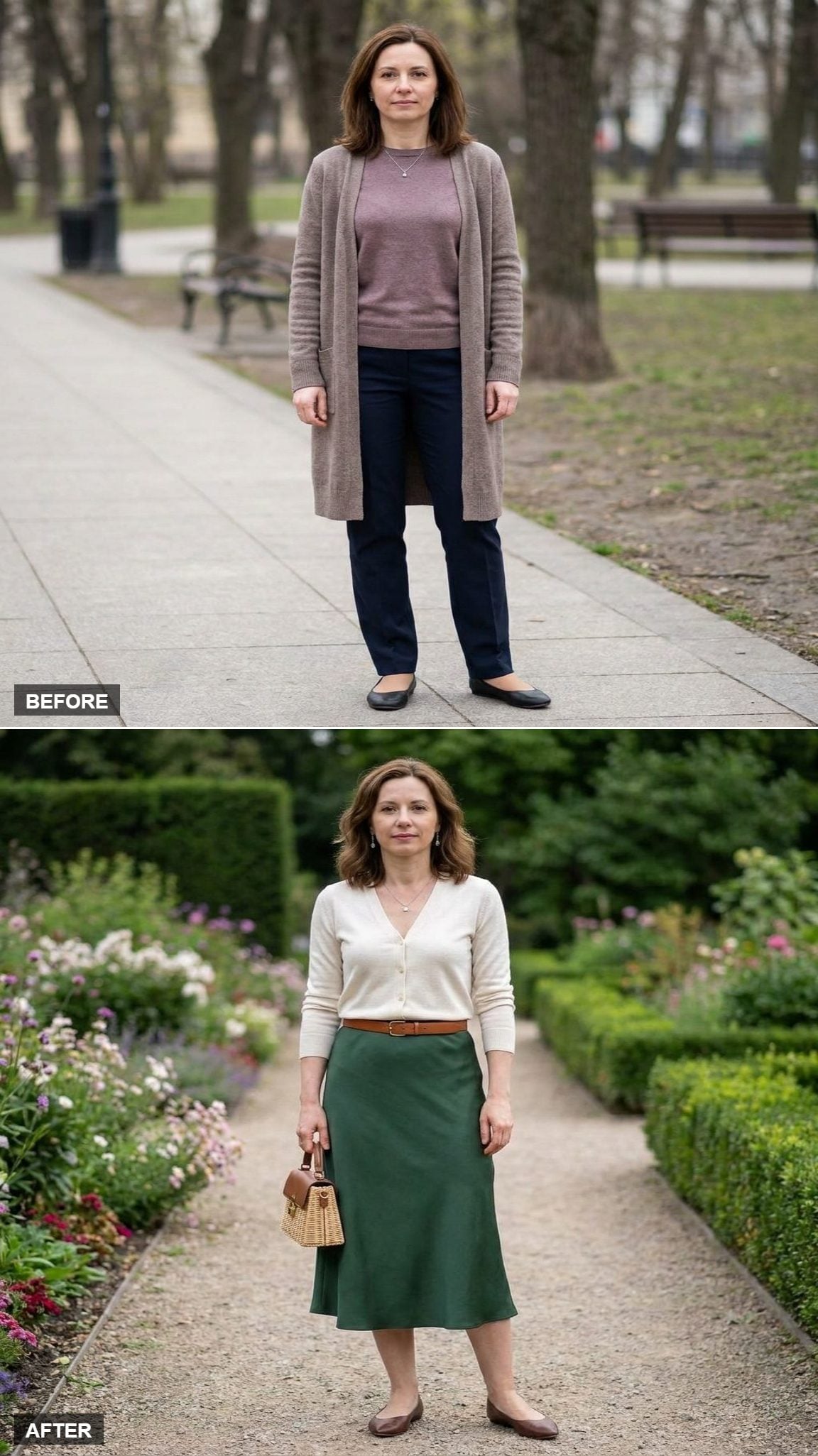 Forest-Green Bias-Cut Midi Skirt and Cognac Belt in a Botanical Garden