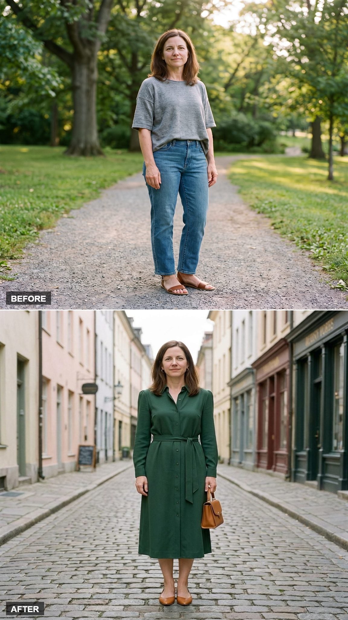 Forest-Green Button-Front Shirt Dress With a Narrow Self-Belt and Tan Pointed Flats
