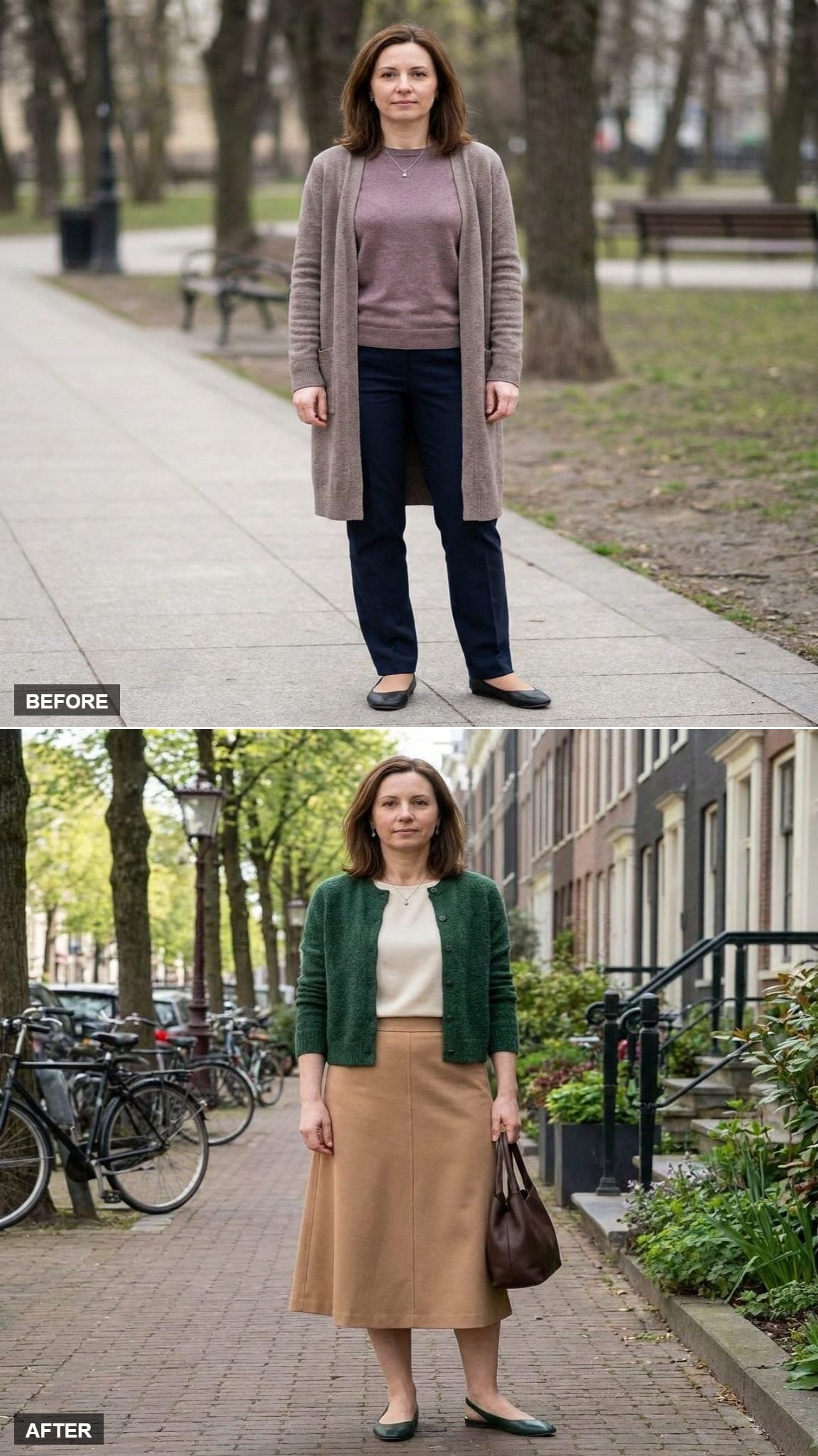 Forest-Green Cardigan, Cream Shell, and Camel A-Line Midi on a Tree-Lined Street