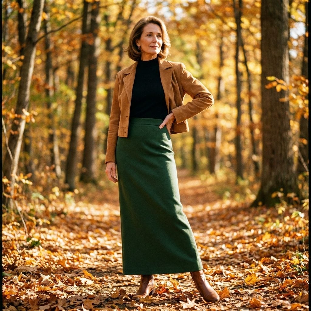 Forest-Green Column Skirt, Black Mock Neck, and Short Suede Jacket