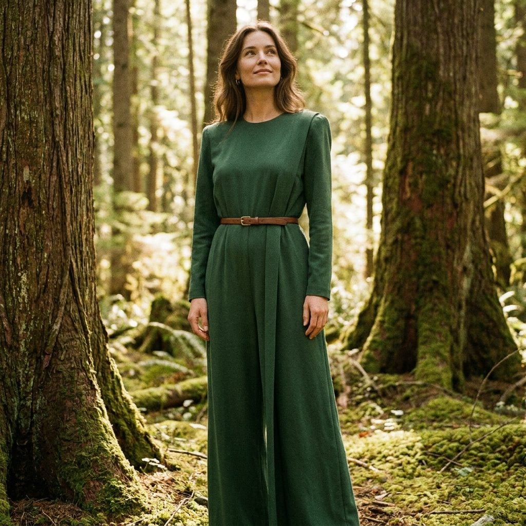 Forest-green jumpsuit with padded shoulders, a narrow belt, and tapered legs
