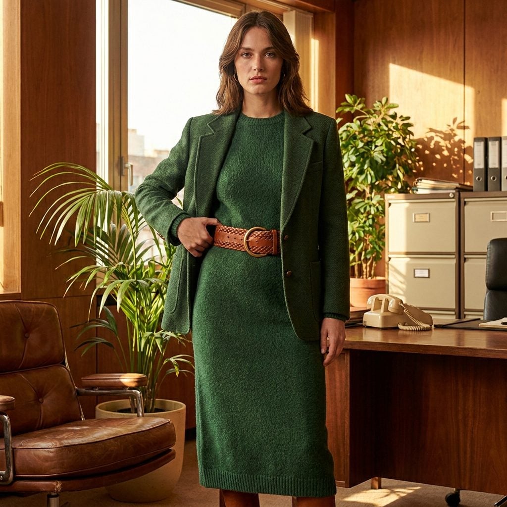 Forest-Green Knit Dress Cinched With a Wide Cognac Belt