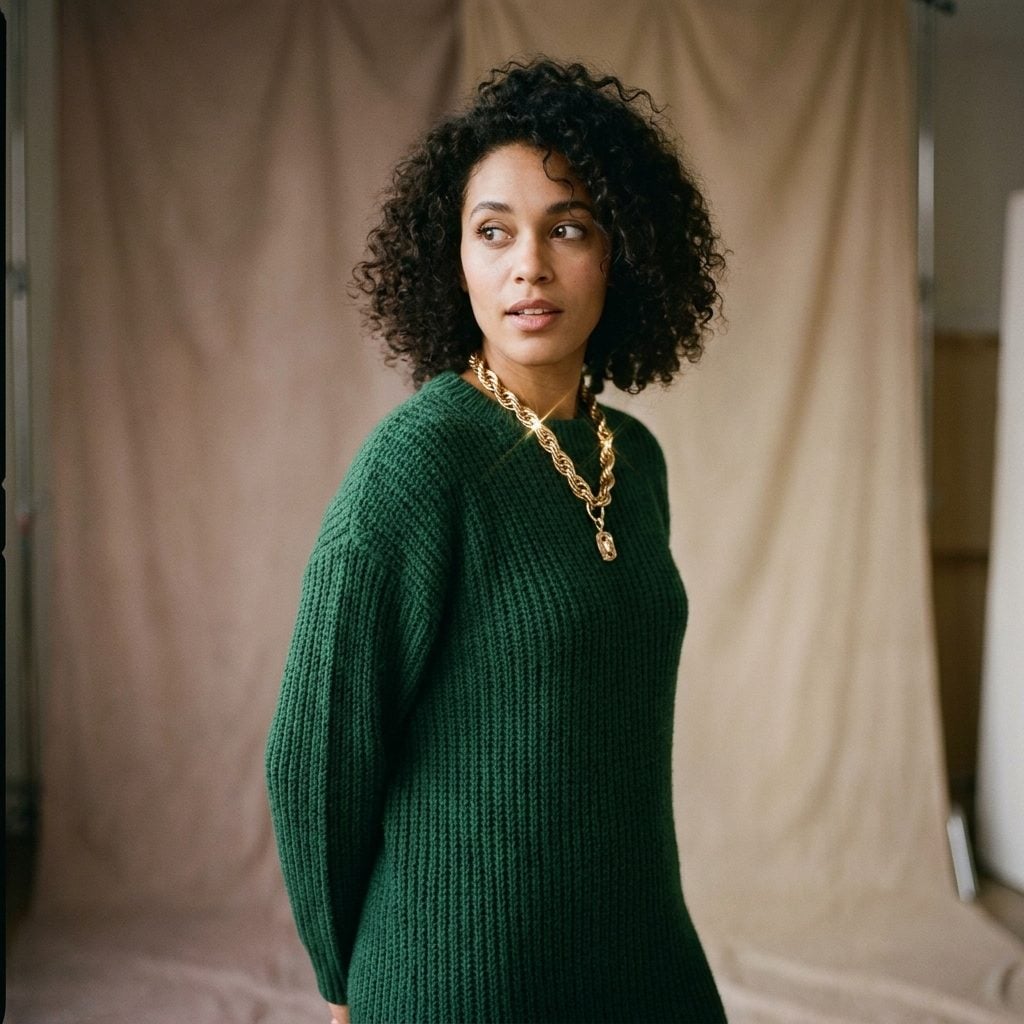Forest-Green Knit Dress With a Long Gold Necklace