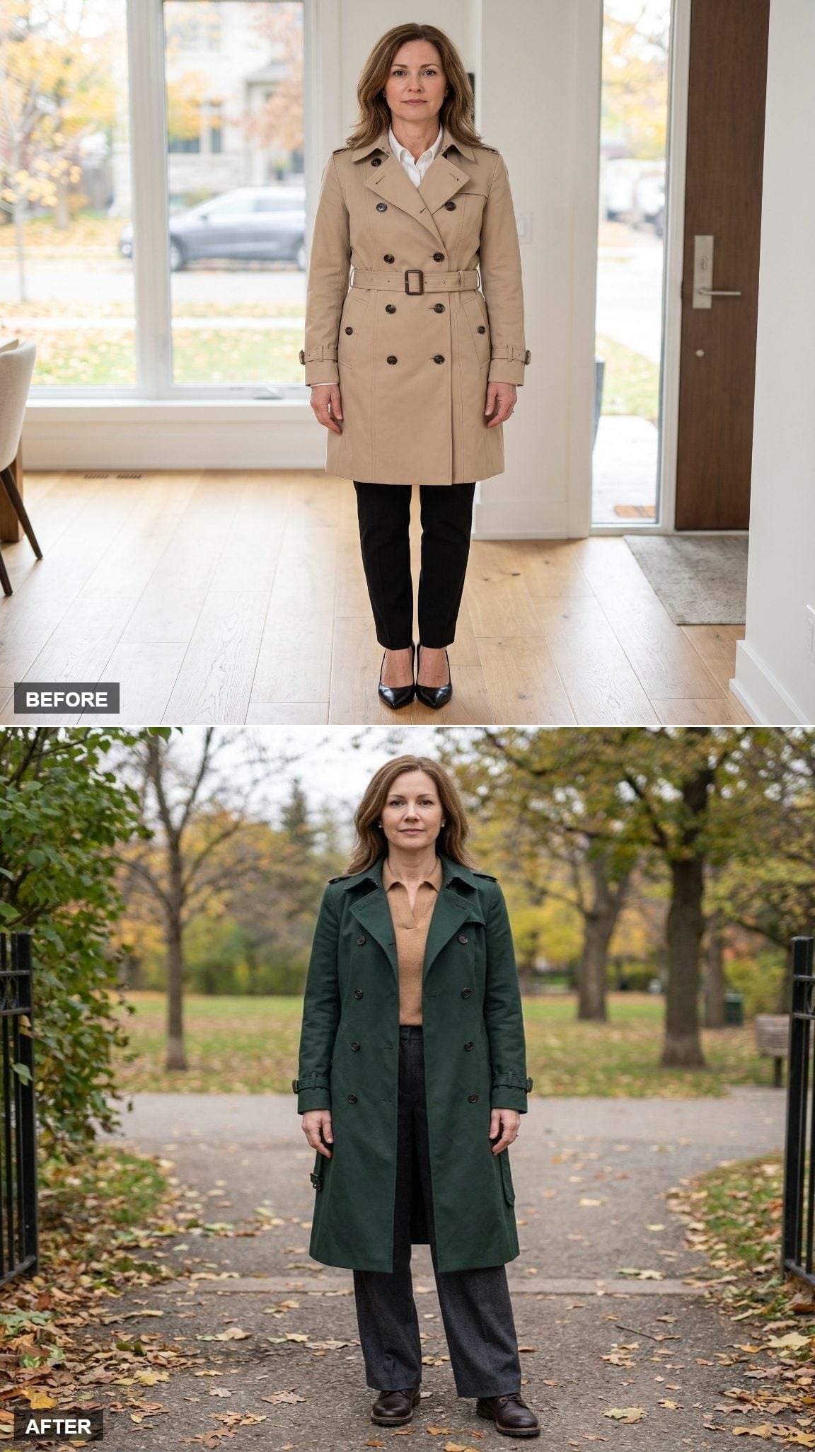 Forest-Green Midi Trench, Camel Polo Sweater, Charcoal Wide-Leg Wool Trousers, and Espresso Lace-Up Boots