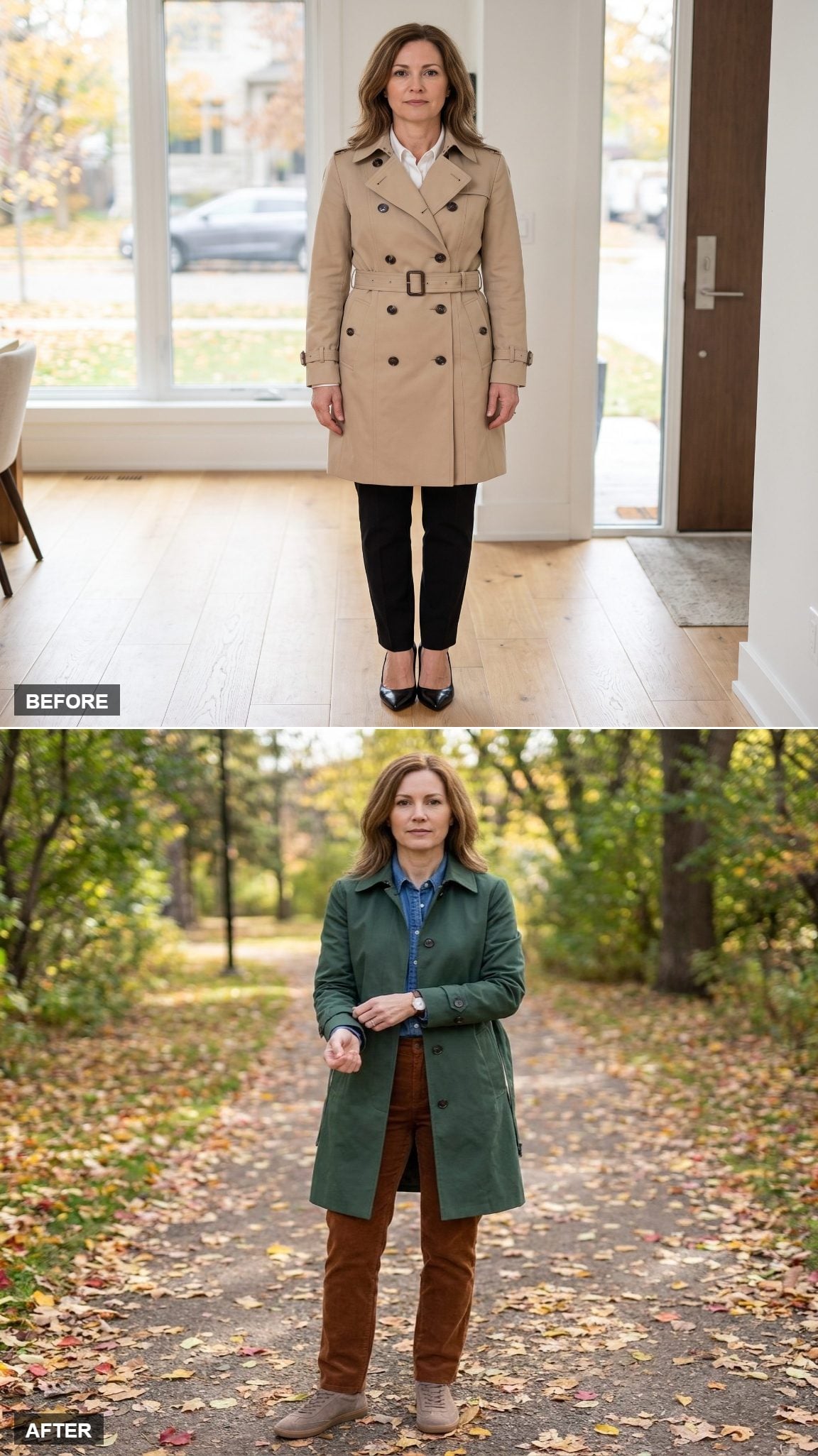 Forest-Green Single-Breasted Trench Over Denim Shirt and Rust Corduroy Trousers With Taupe Suede Sneakers in Fallen Leaves