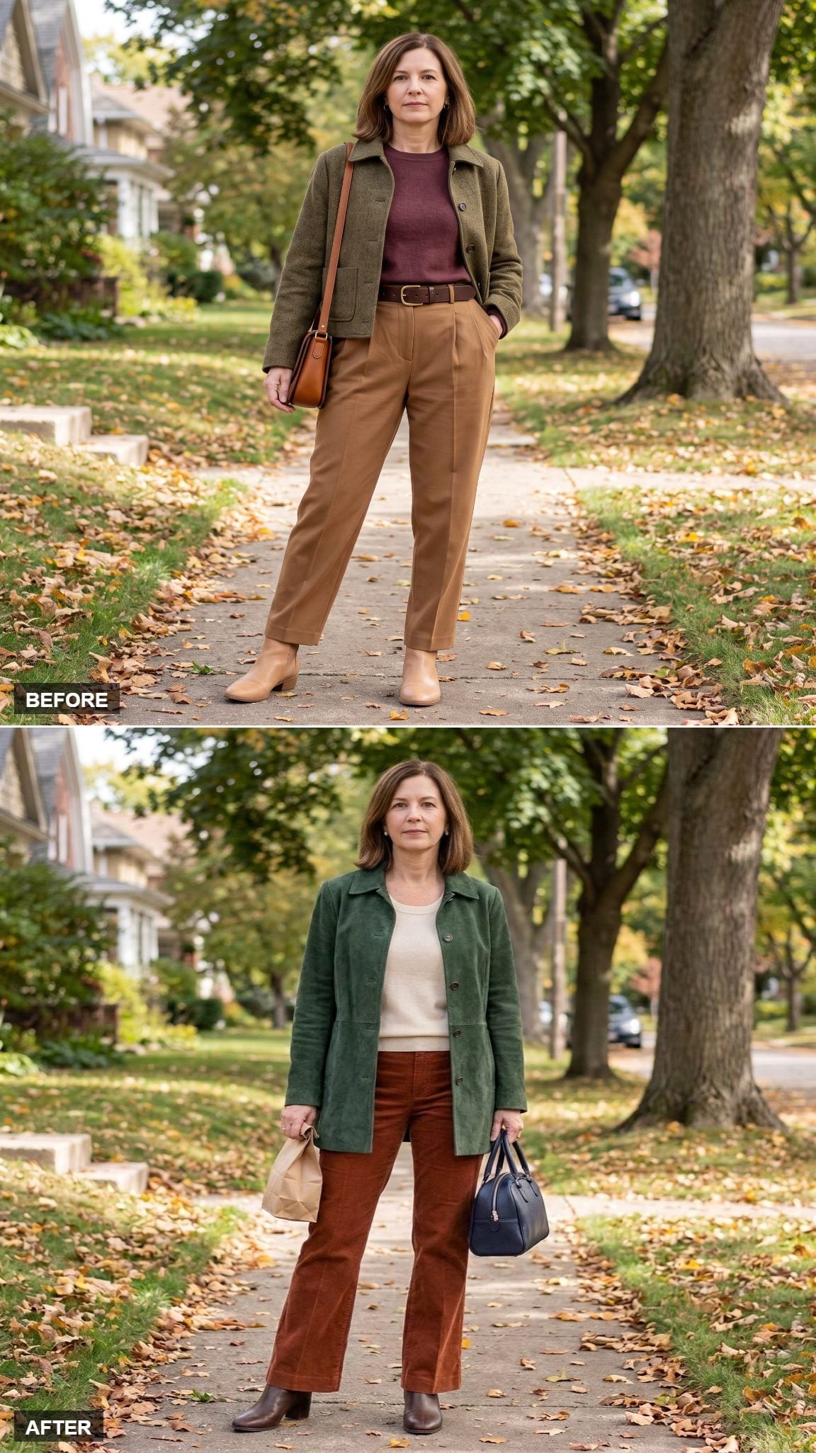 Forest-Green Suede Jacket, Rust Corduroy Flares, and the Art of Moving the Horizontal Line South