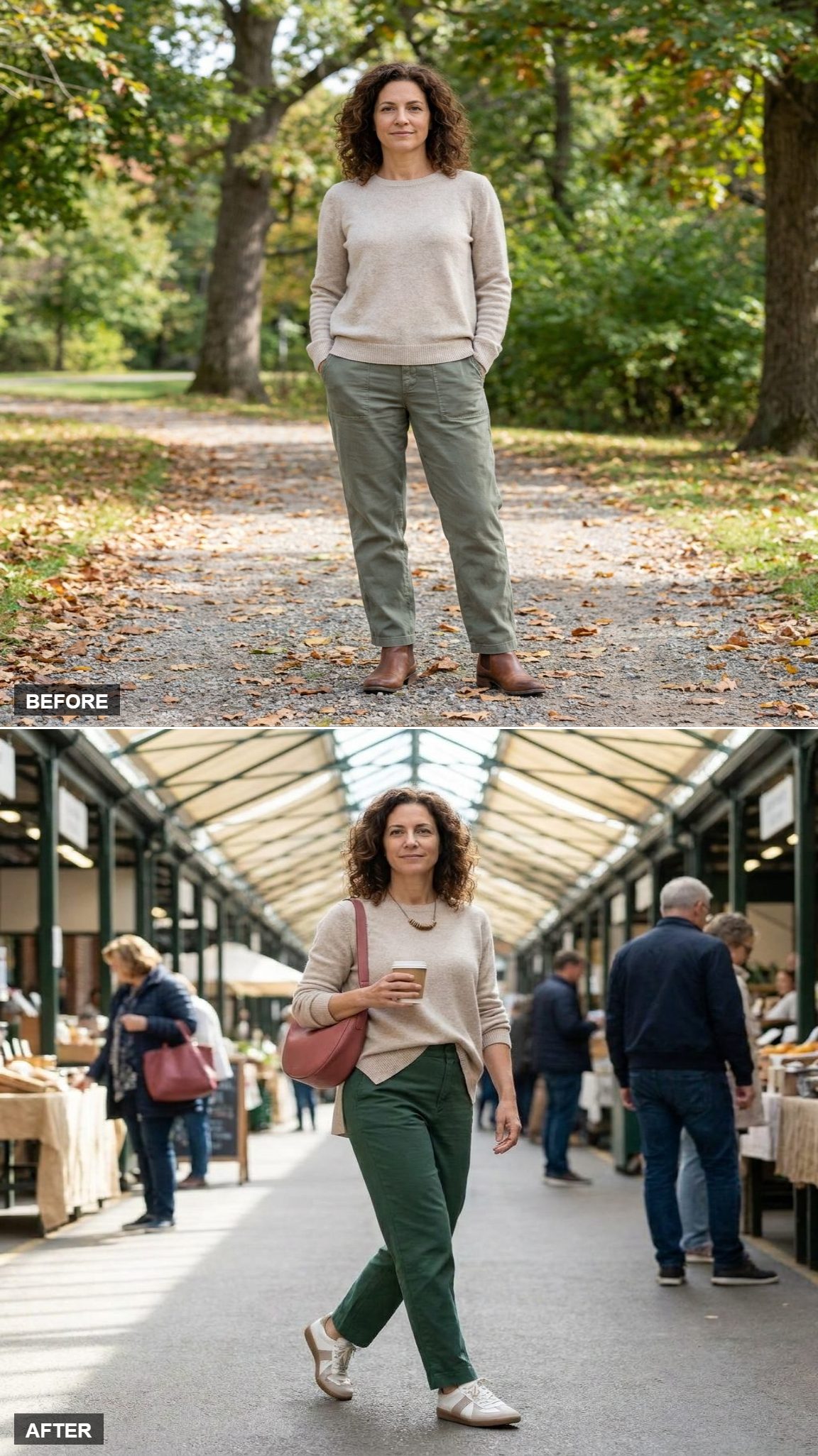 Forest-Green Trousers + White Leather Sneakers Turn the Crewneck Into a Modern Off-Duty Look