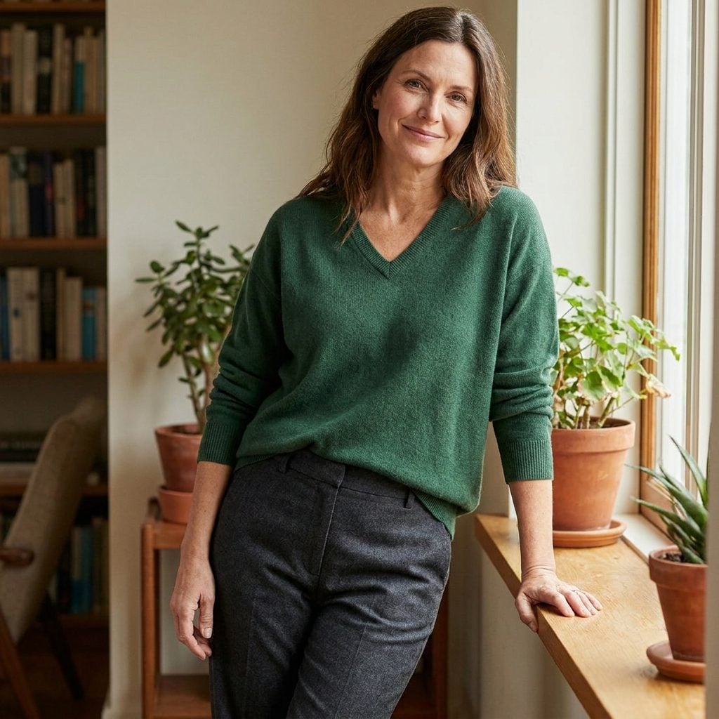 Forest-Green V-Neck Sweater With Charcoal Straight Trousers