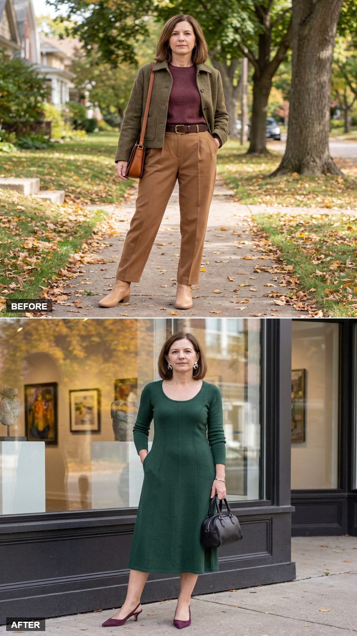 Forest-Green Vertically Seamed Midi Knit Dress and Plum Slingback Kitten Heels