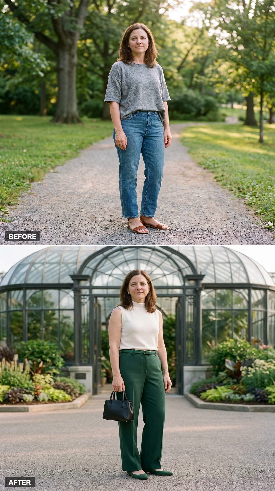 Forest-Green Wide-Leg Trousers, Ivory Mock-Neck, Slim Belt, and Matching Pointed Flats