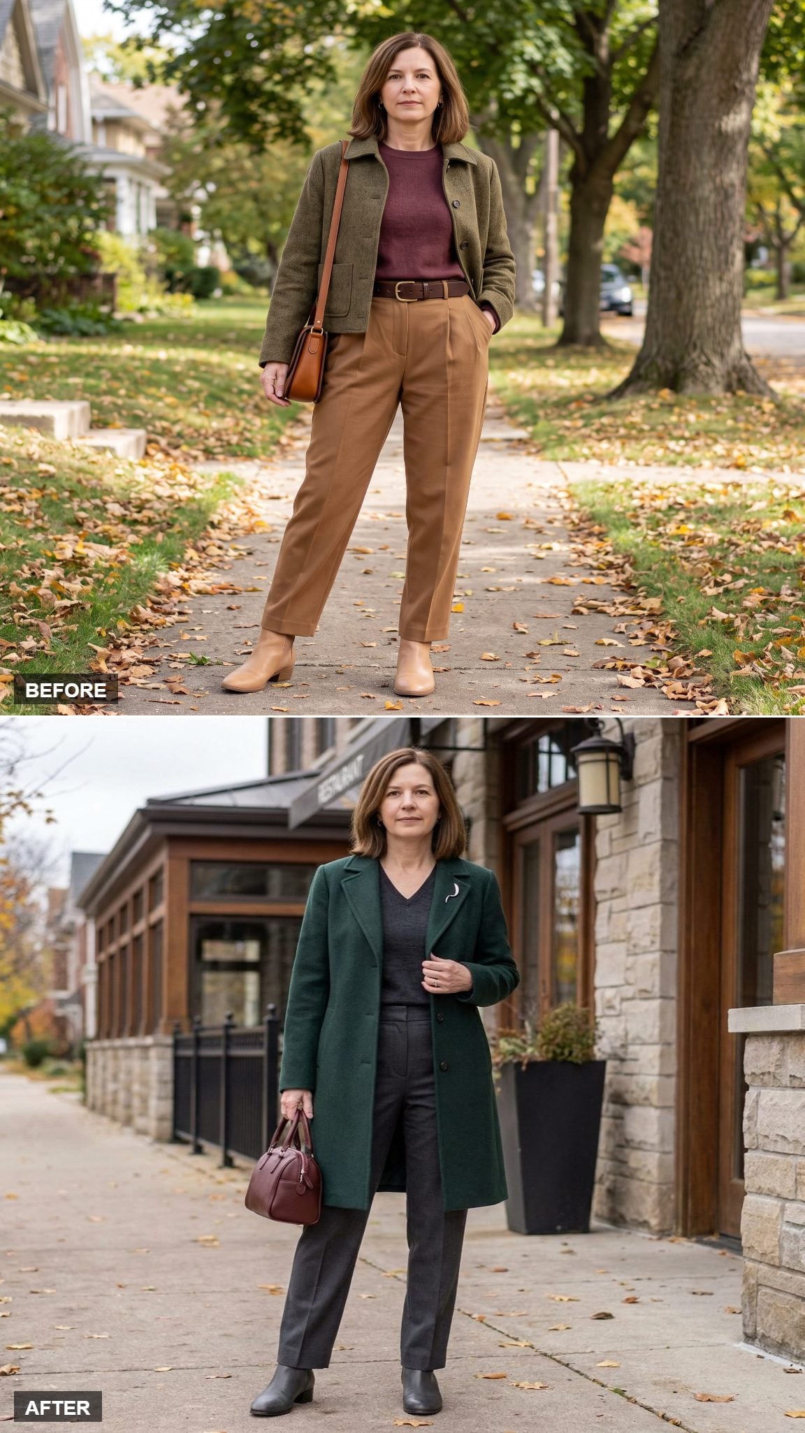 Forest-Green Wool Coat Over a Charcoal Inner Column, With Oxblood Bowling Bag