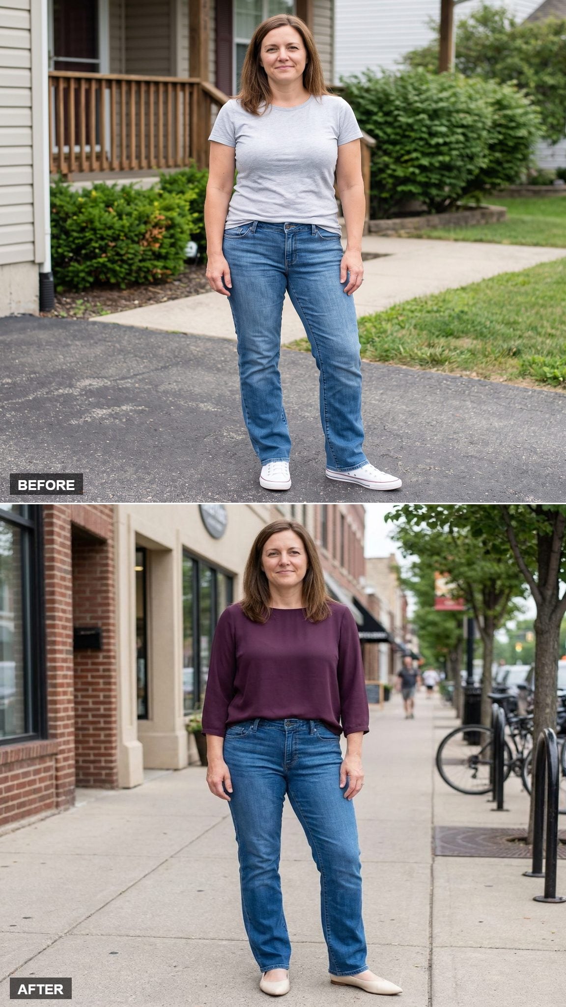 Forward-Seam Rich-Blue Straights and a Deep-Plum Blouse on a Neighborhood Shopping Street