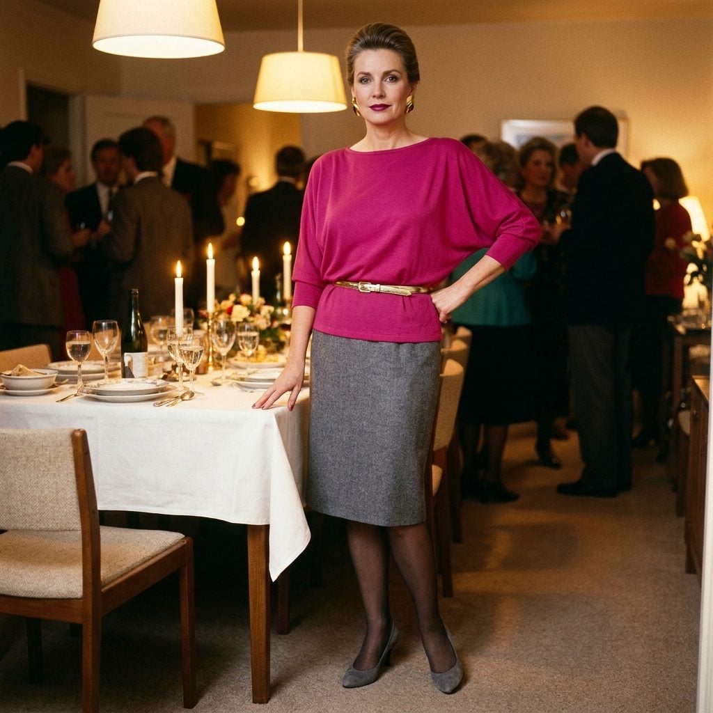 Fuchsia batwing top belted at the hip over a straight gray skirt