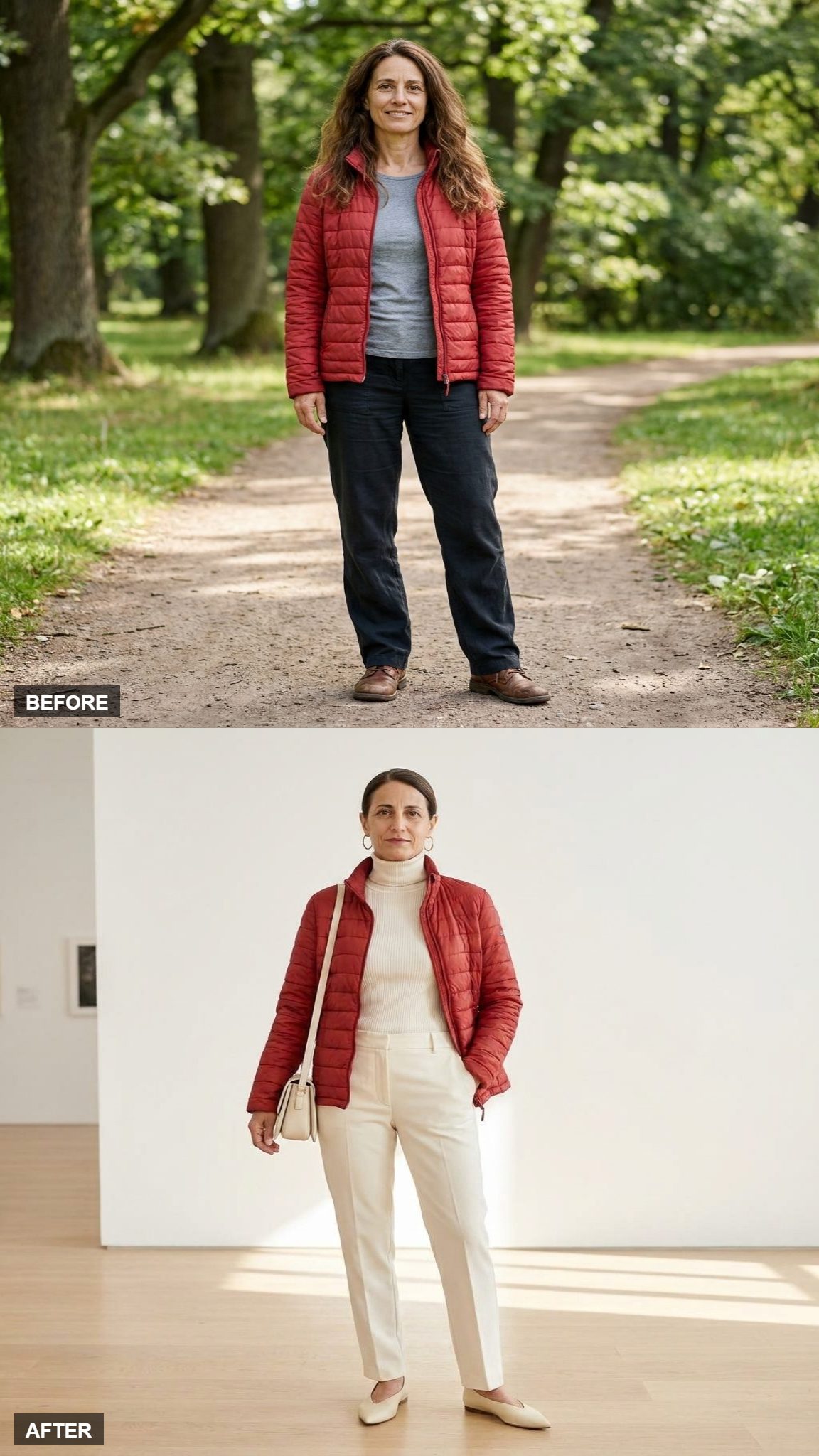 Gallery Opening in the Red Quilted Jacket Over Head-to-Toe Ivory