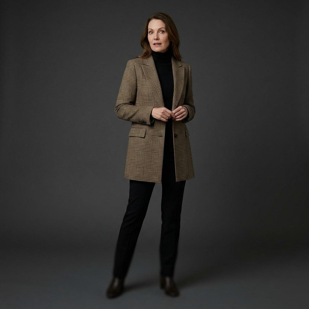 Glen-Plaid Longline Blazer Over a Black Column