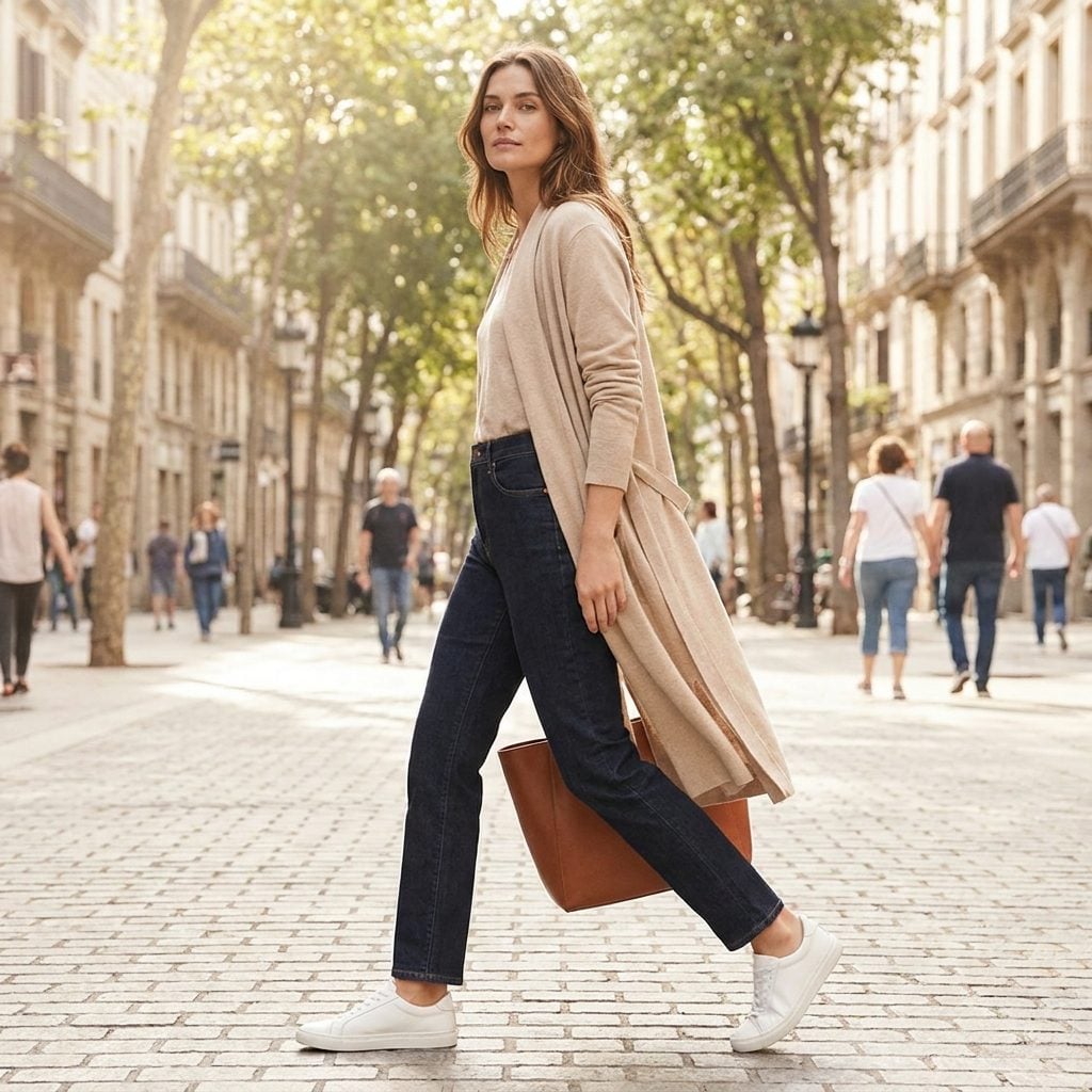 Go Casual-Cool With a Longline Cardigan and White Sneakers