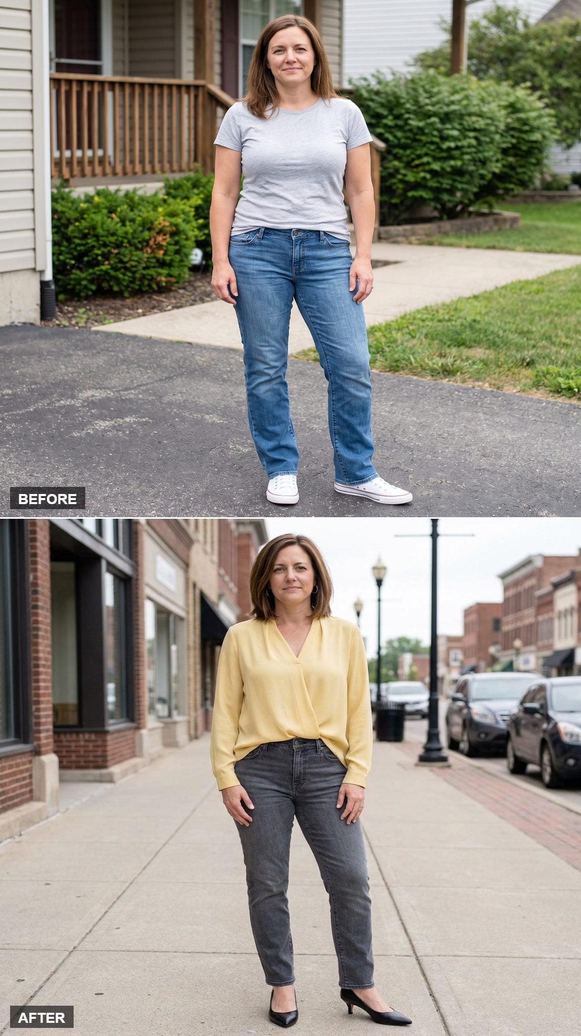 Graphite High-Rise Cigarette Jeans, Butter-Yellow Draped Blouse, and Black Kitten Heels on a Brick-Lined Sidewalk