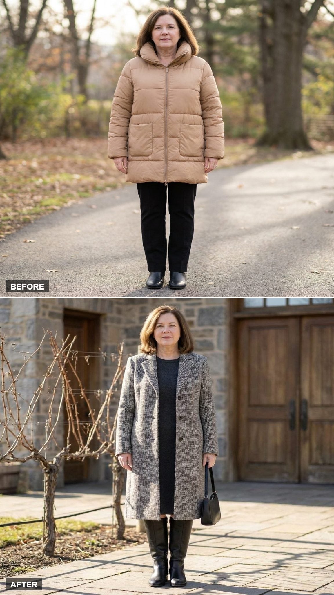 Gray-and-Cream Herringbone Wool Topcoat, Column Dress, and Black Knee-High Boots at a Stone Winery Courtyard
