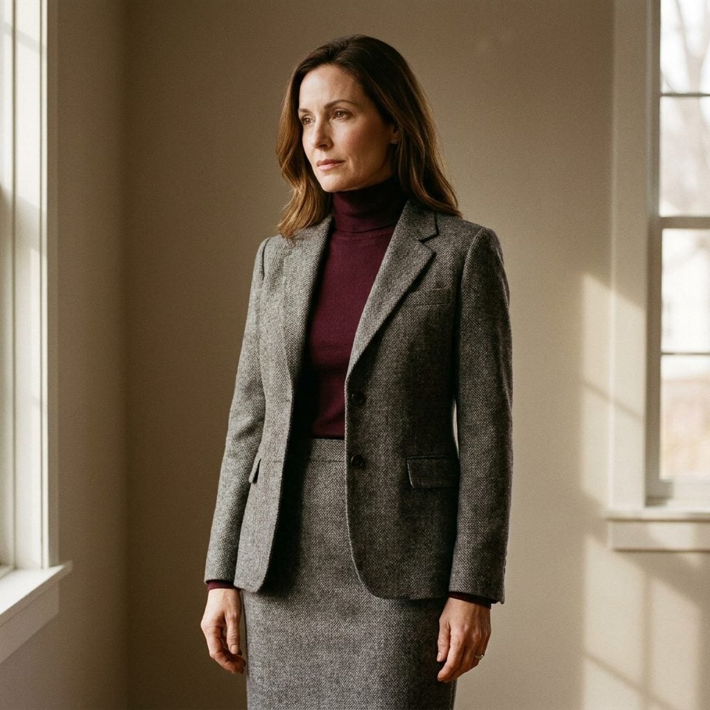 Gray Flannel Skirt Suit With a Wine Turtleneck Underneath