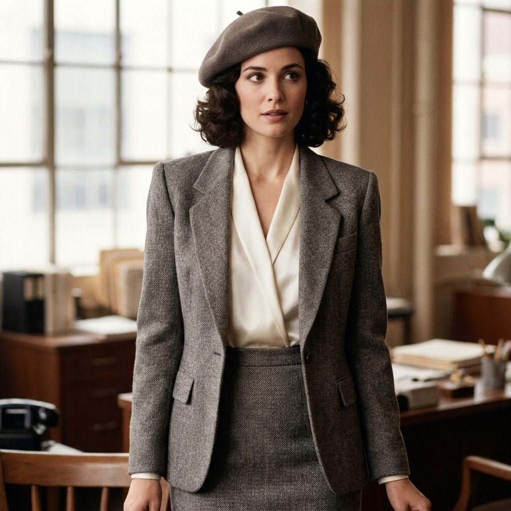 Gray skirt suit with an ivory V-neck blouse beneath the jacket lapels