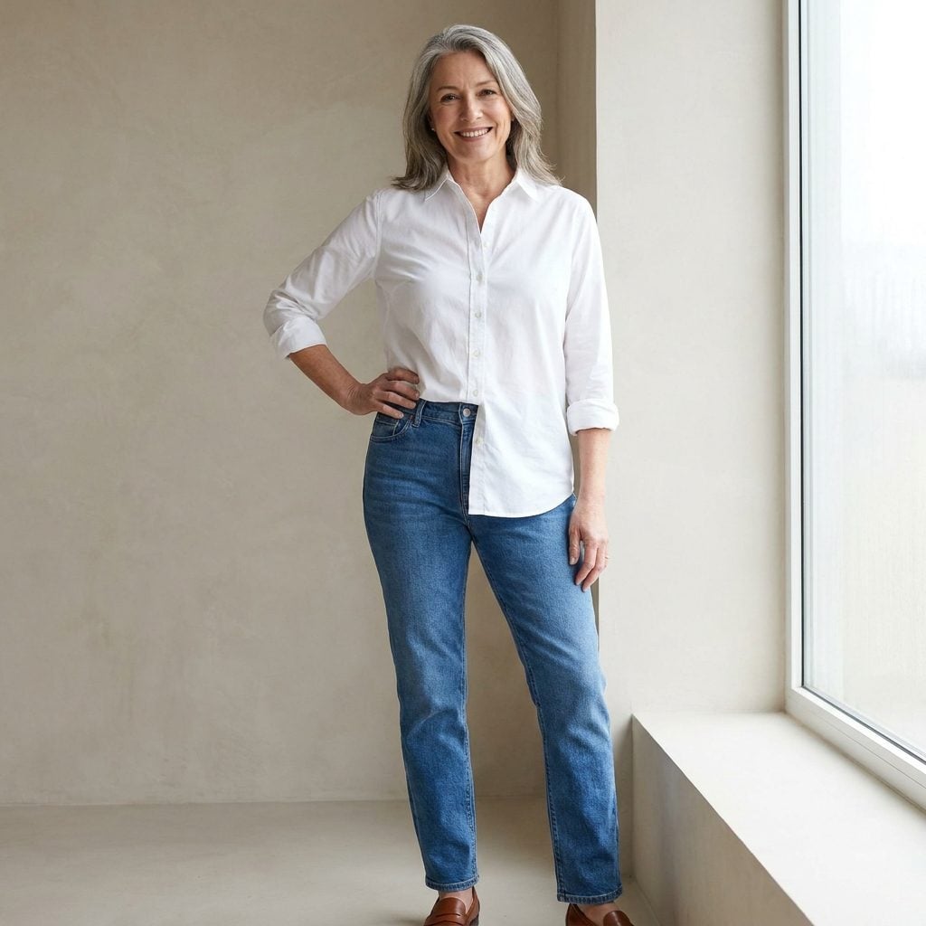 Half-Tucked Into Straight-Leg Jeans With Loafers
