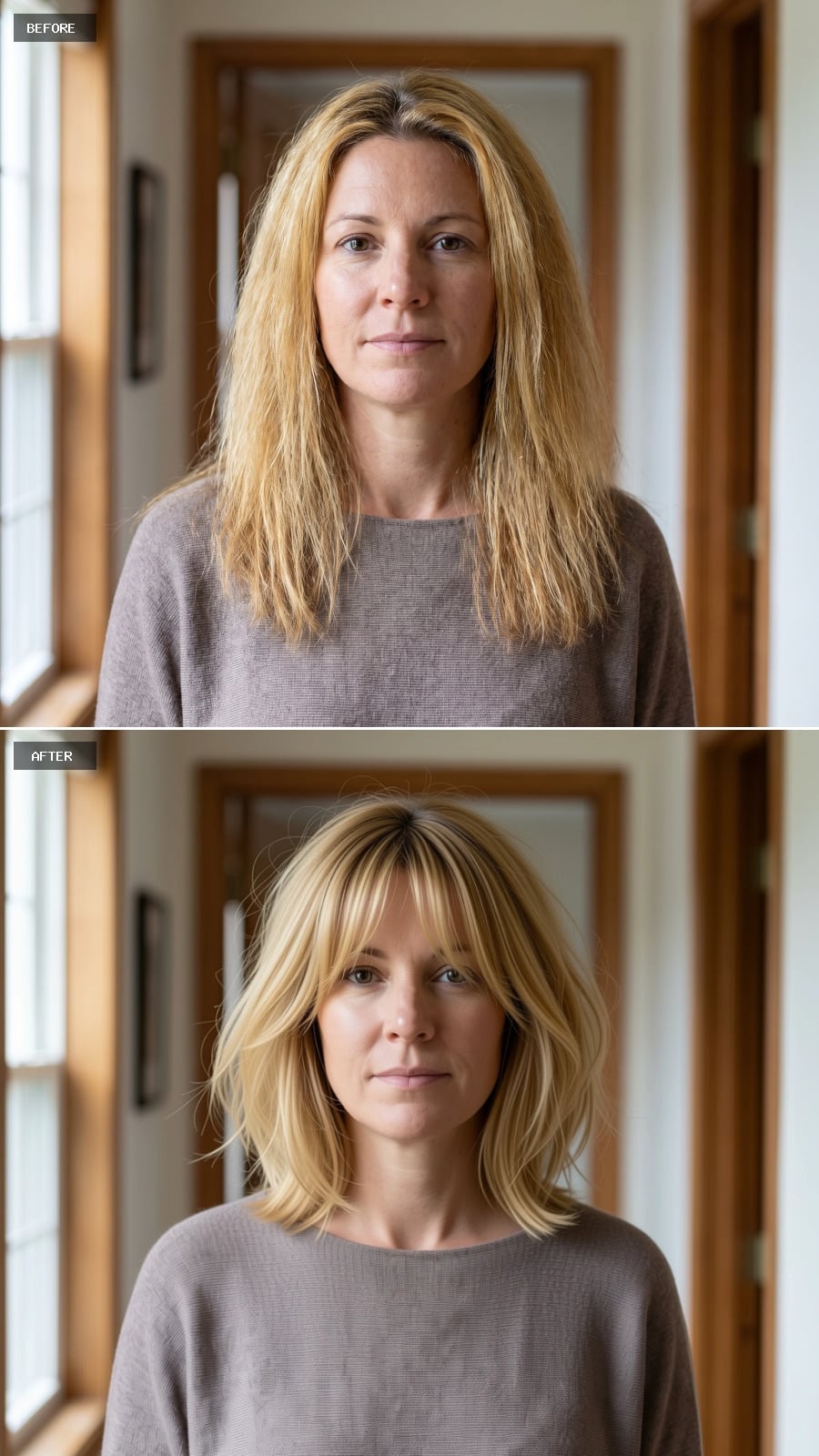 Short Blond Cut With Brow-Grazing Bangs