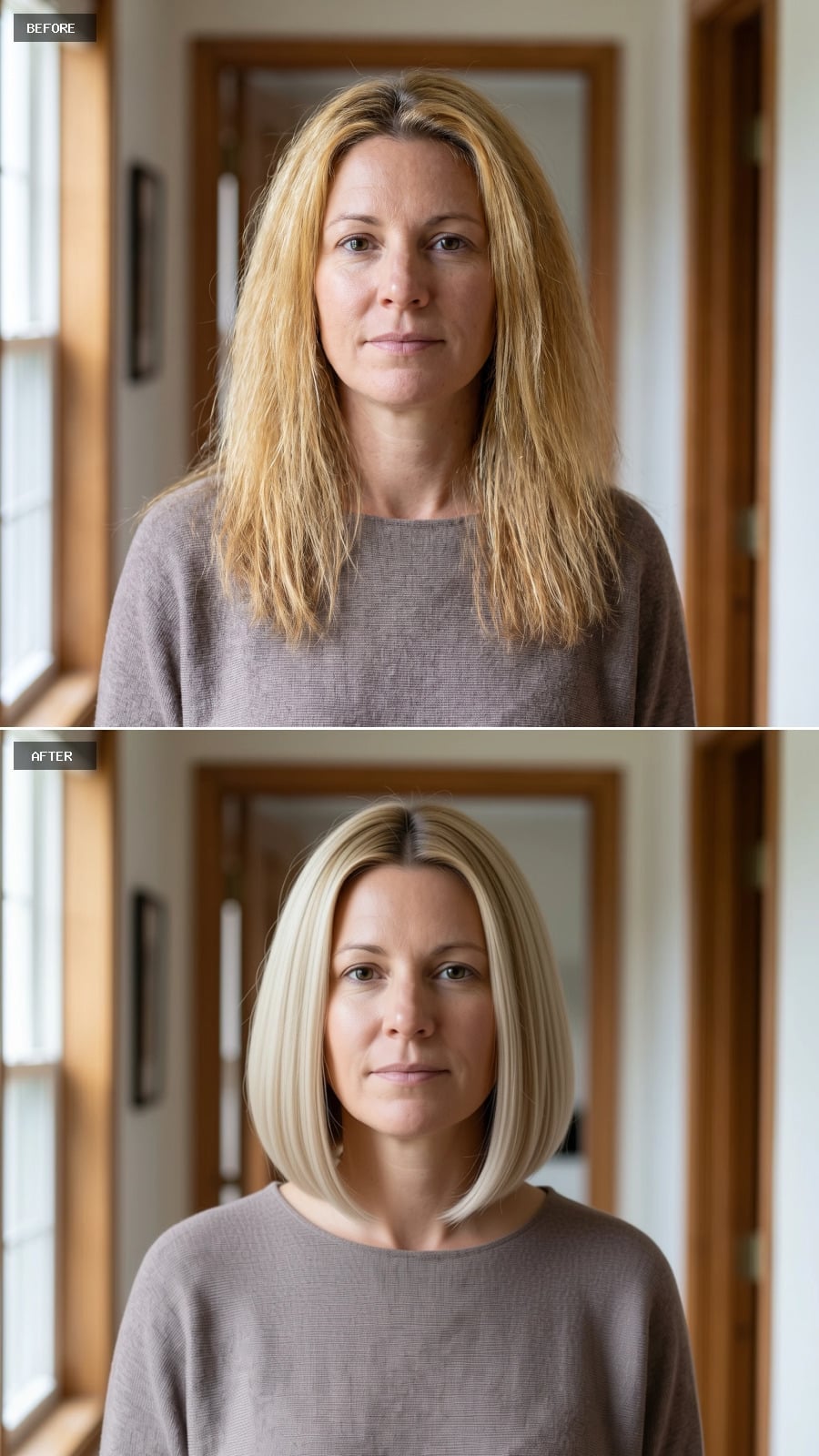 Blunt Platinum Bob With a Shallow Root Shadow