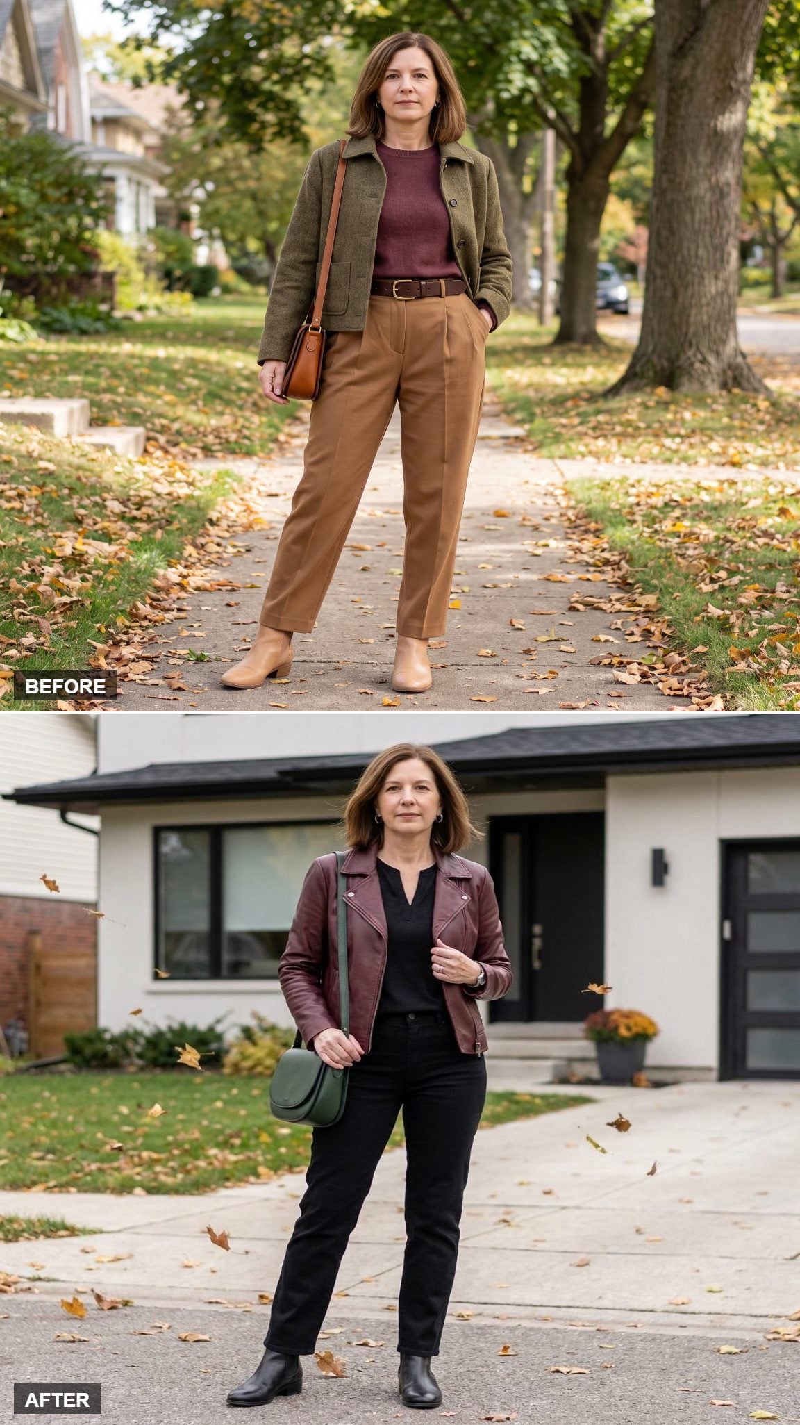 Hip-Length Burgundy Leather Jacket Over Black Straight Jeans, Shifting the Horizontal Line South
