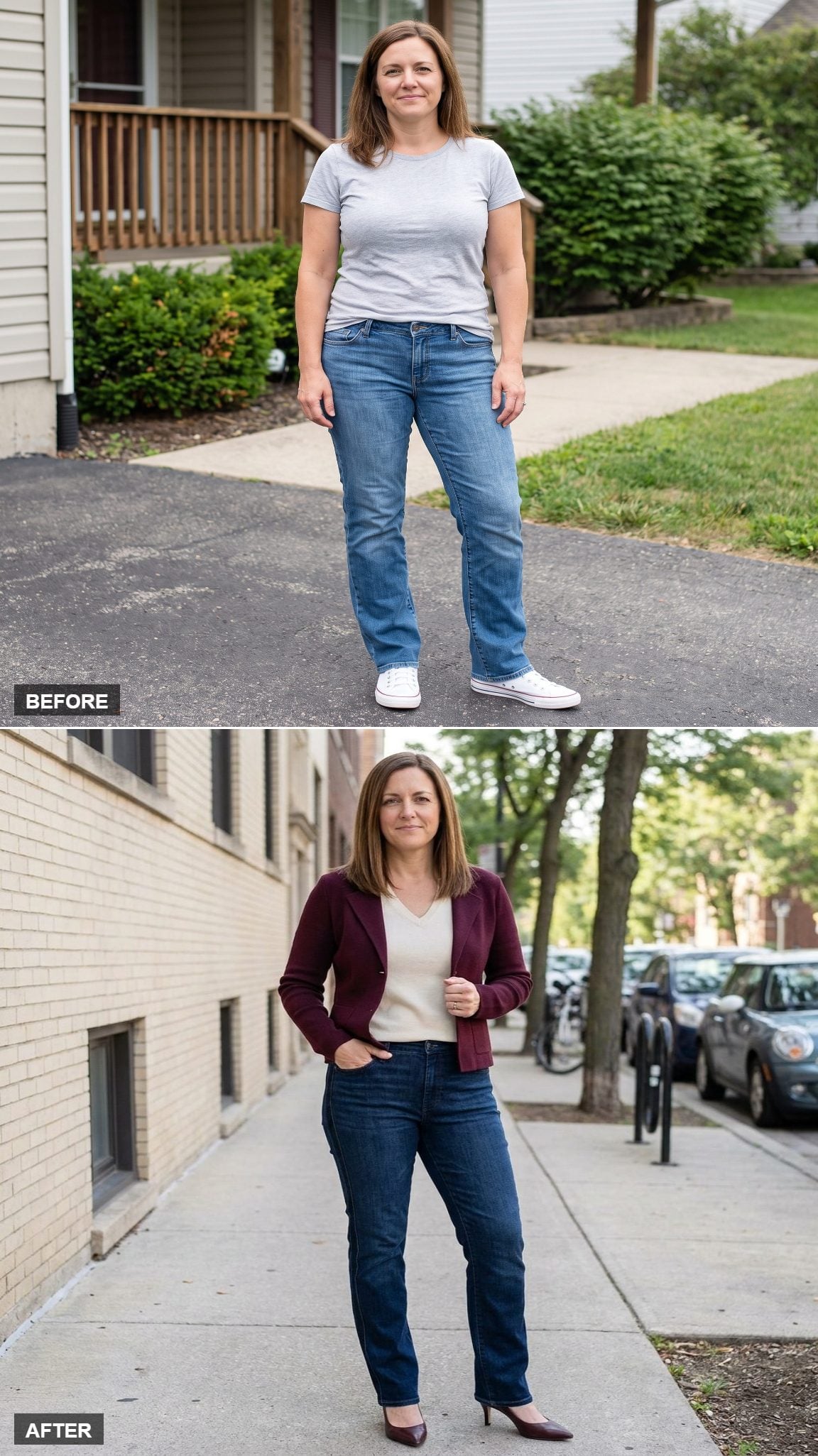 Inky-Indigo Straight Jeans With Tuxedo Side Seams, Cream V-Neck Knit, and Deep-Burgundy Structured Jacket on an Urban