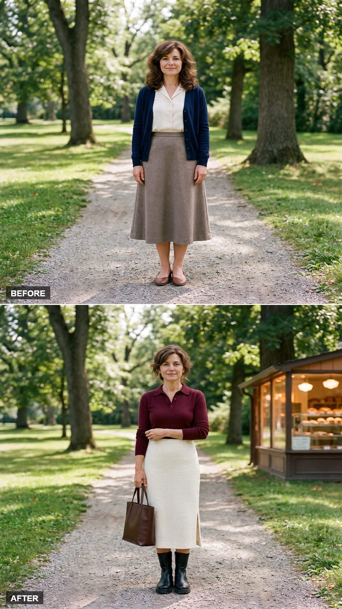 Ivory Bouclé Midi and Deep-Cherry Polo Outside the Bakery