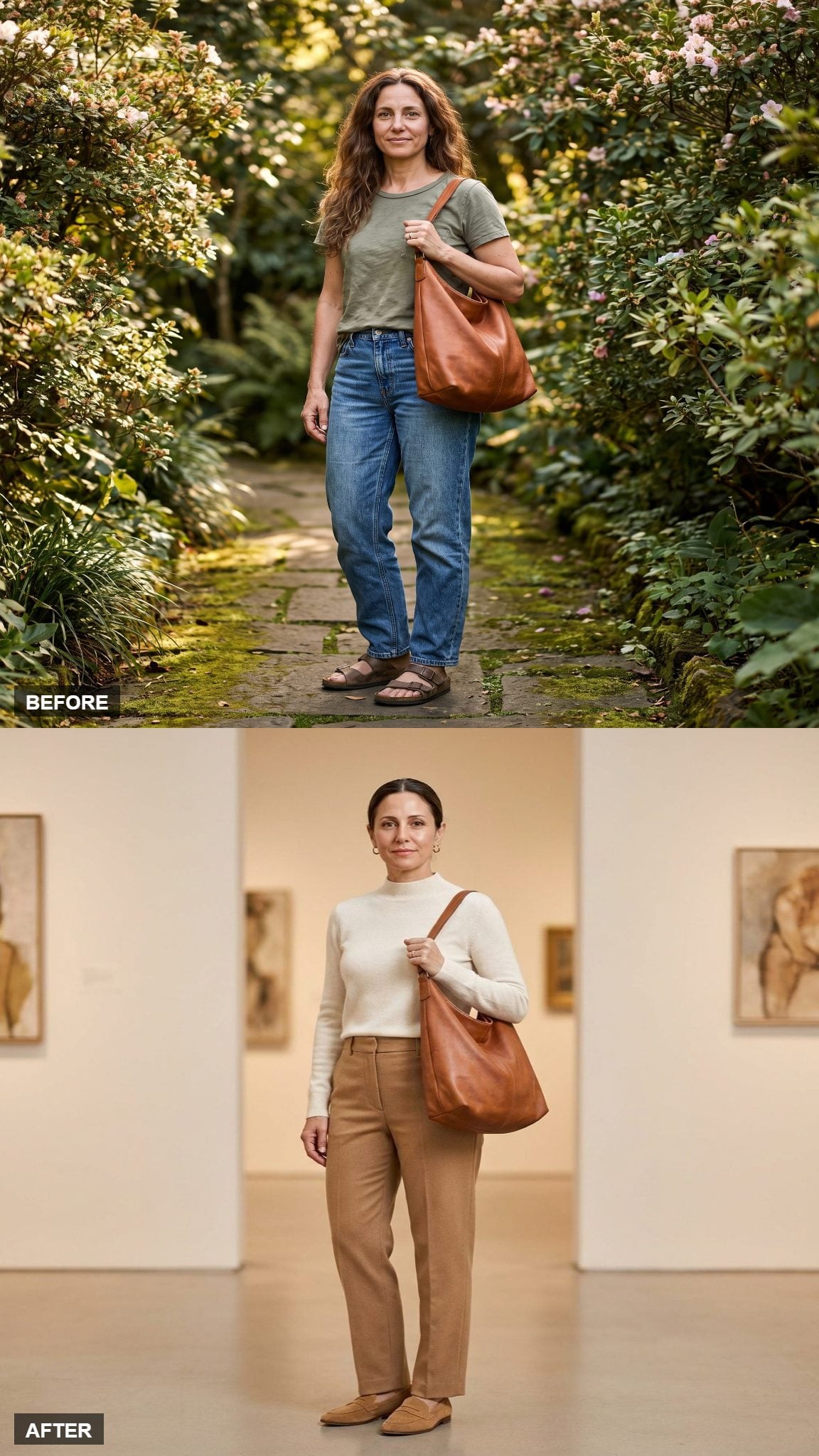 Ivory Mock-Neck and Camel Trousers, the Minimalist's Answer