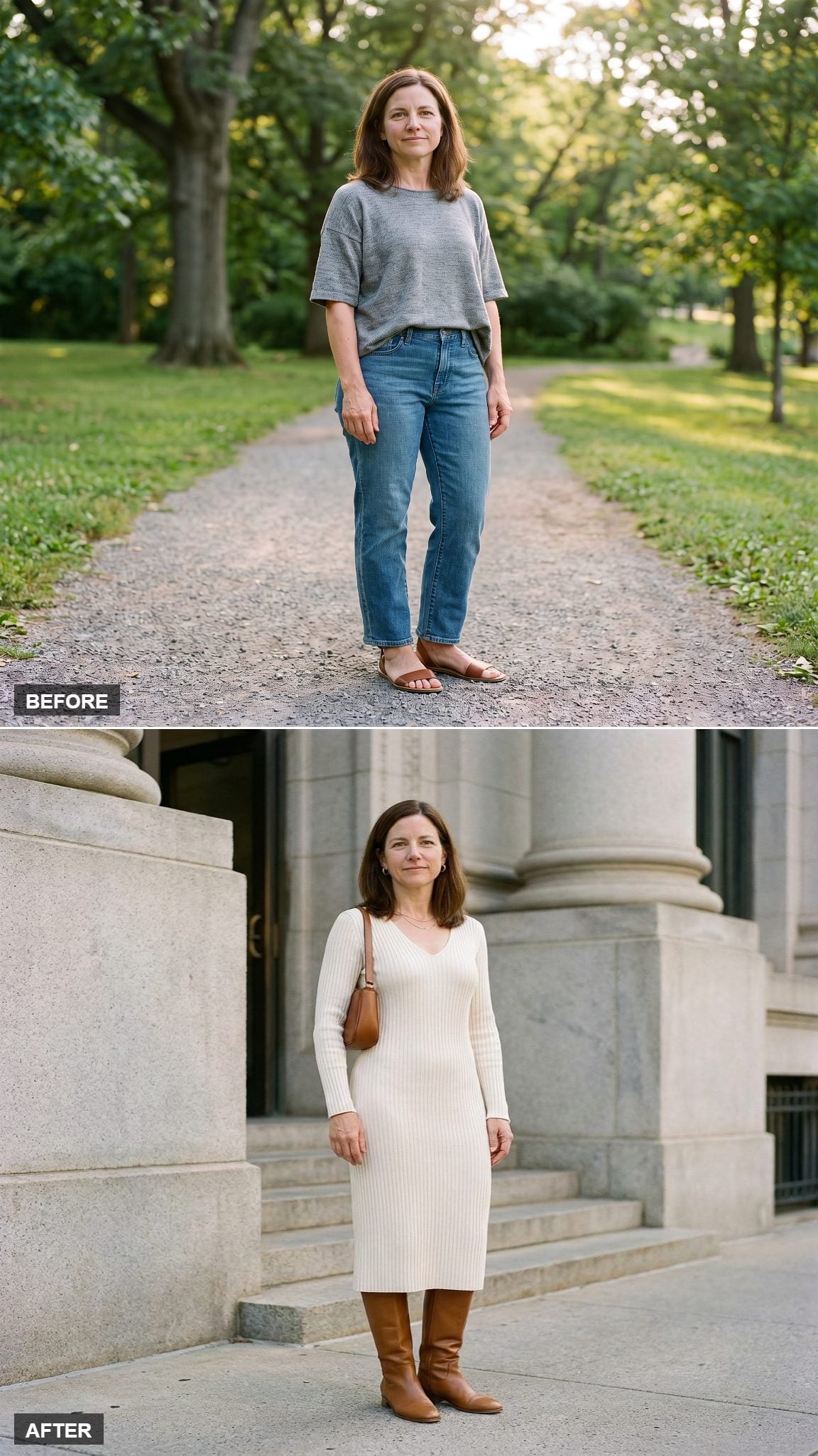 Ivory Rib-Knit Midi and Caramel Knee-High Boots at a Stately Entrance