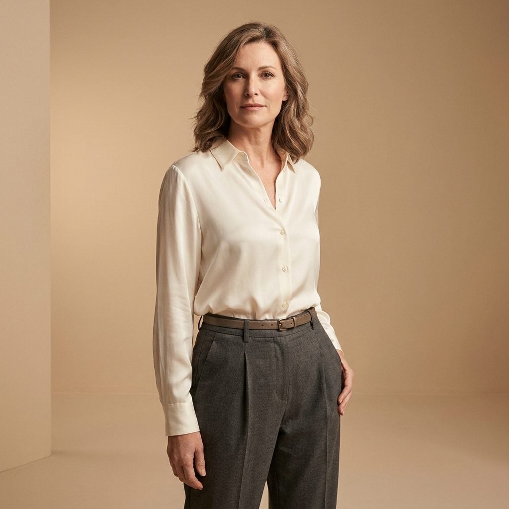 Ivory Silk Blouse Tucked Into Charcoal Pleated Trousers