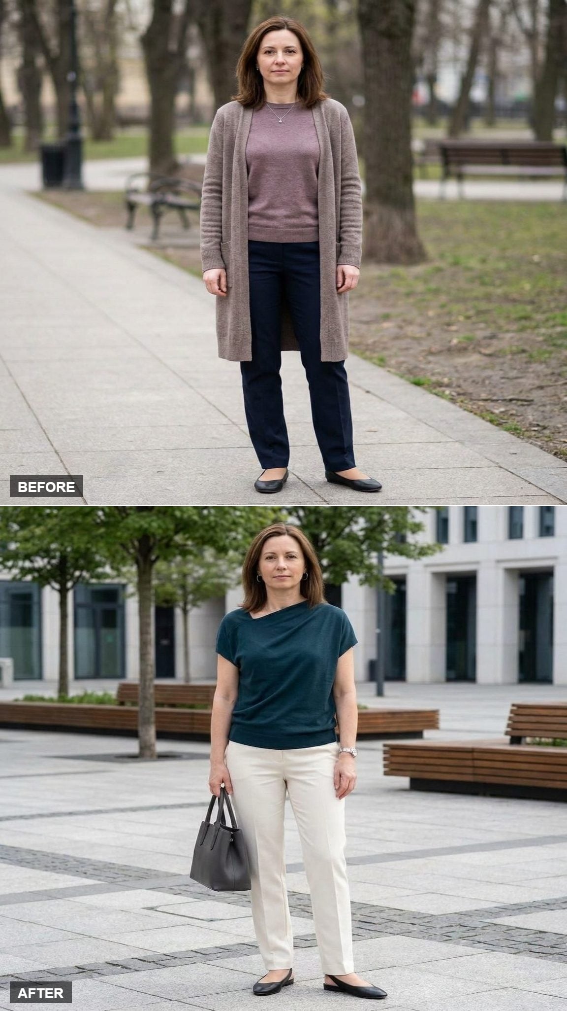 Ivory Straight Trousers, Deep-Teal Asymmetric Knit Top, and Black Slingback Flats at a Civic Plaza