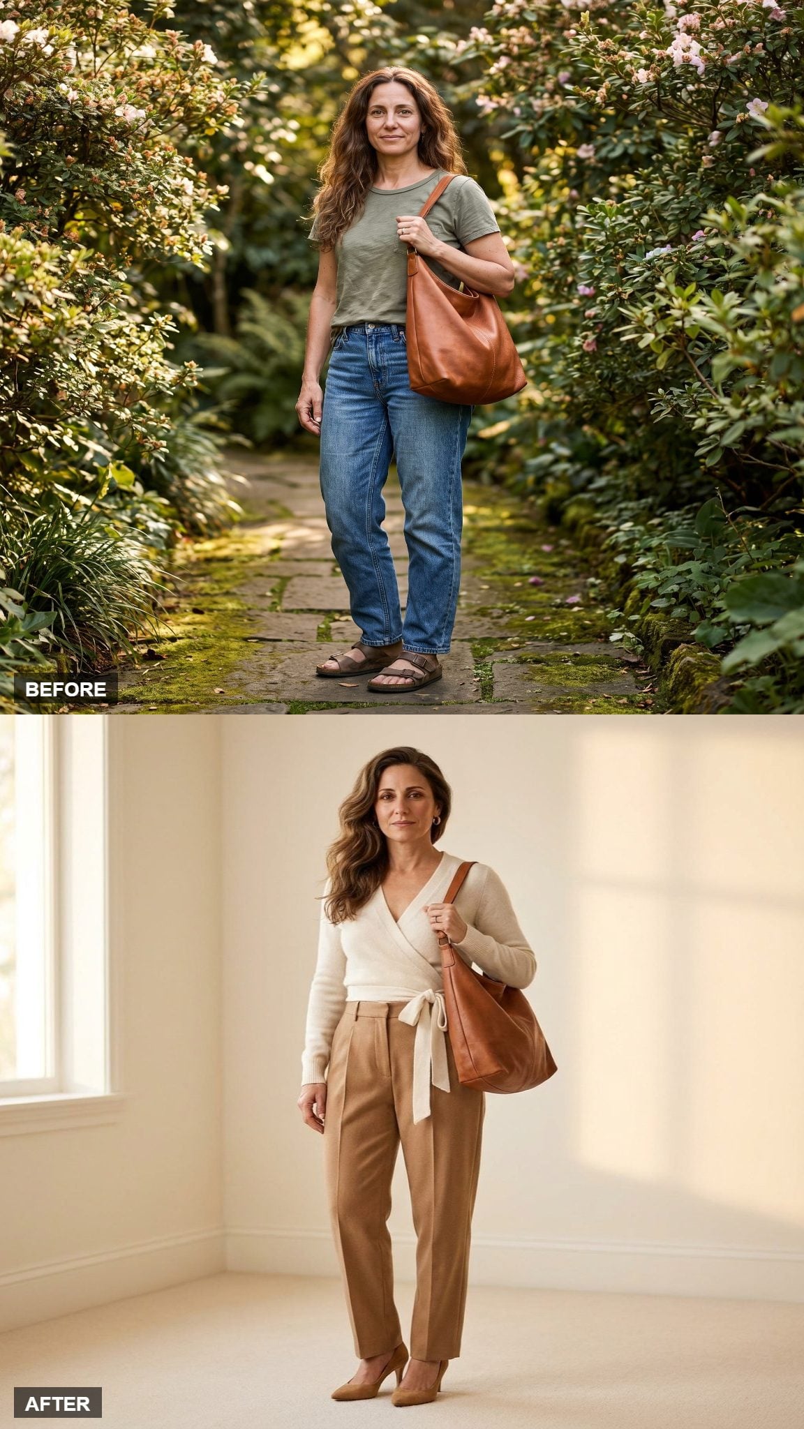 Ivory Wrap Sweater and Camel Pleats, the Soft Power Close