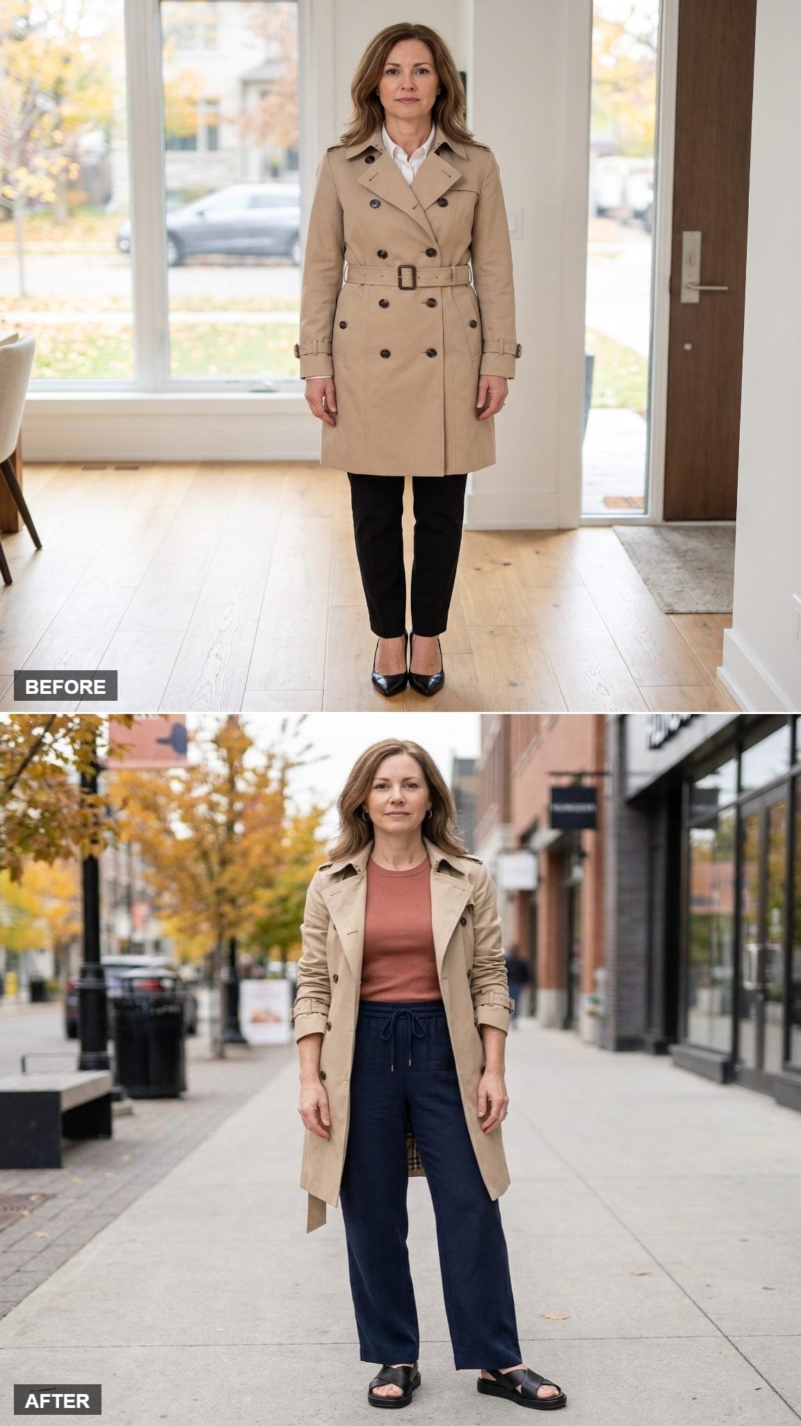 Khaki Knee-Length Trench Open Over Terracotta Ribbed Tee and Soft Navy Wide-Leg Trousers With Platform Sandals