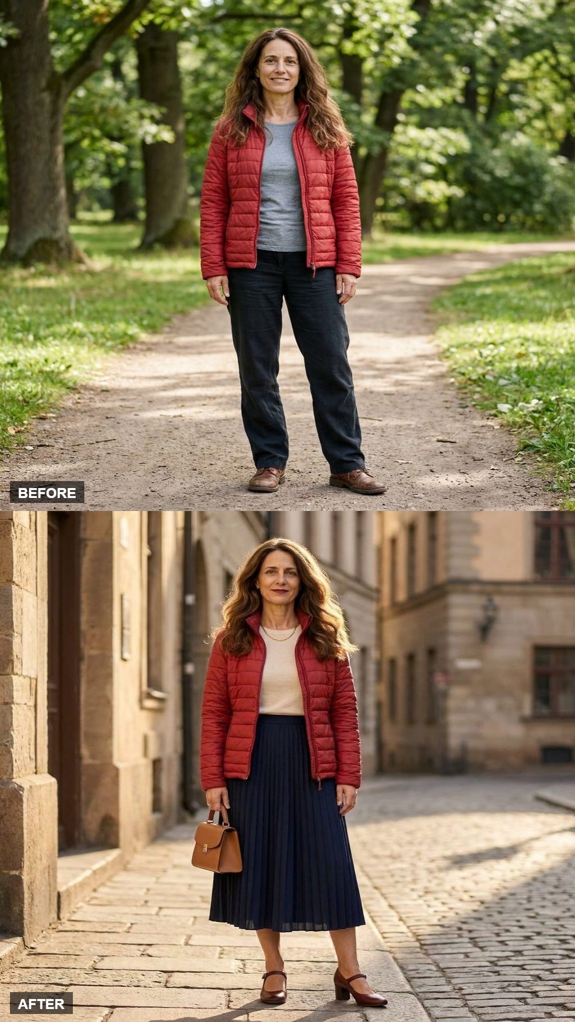 Ladylike Contrast With the Quilted Jacket Over a Pleated Midi
