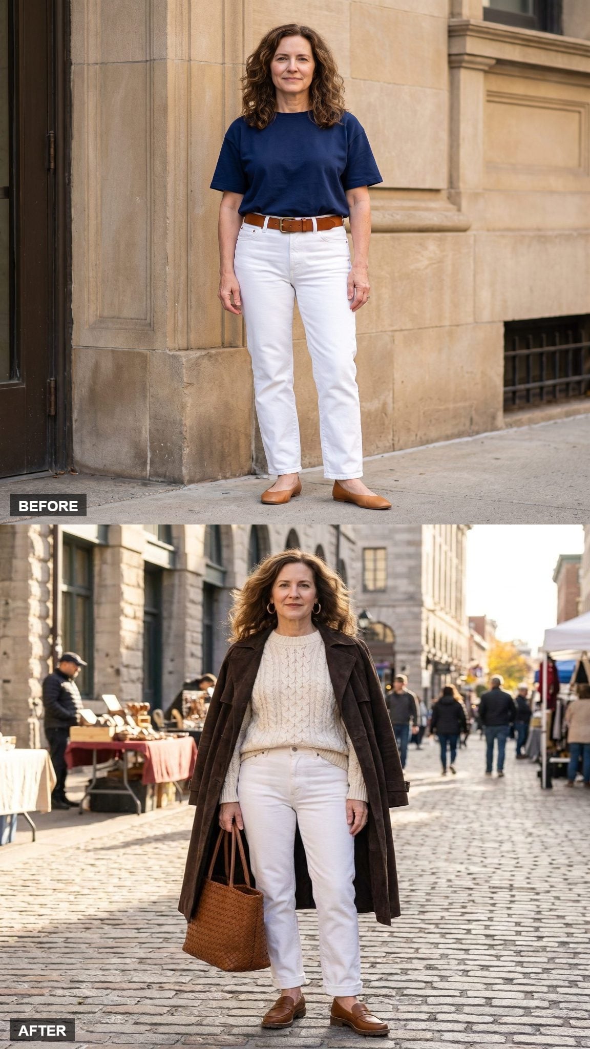 Late-Autumn Market Stroll in Espresso Suede and Ecru Knit