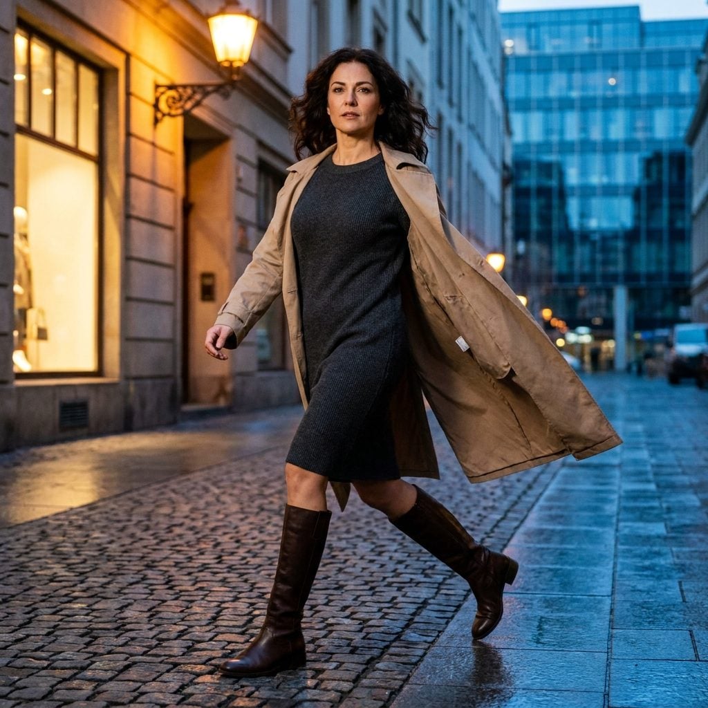 Layer It Over a Fitted Knit Dress and Tall Boots
