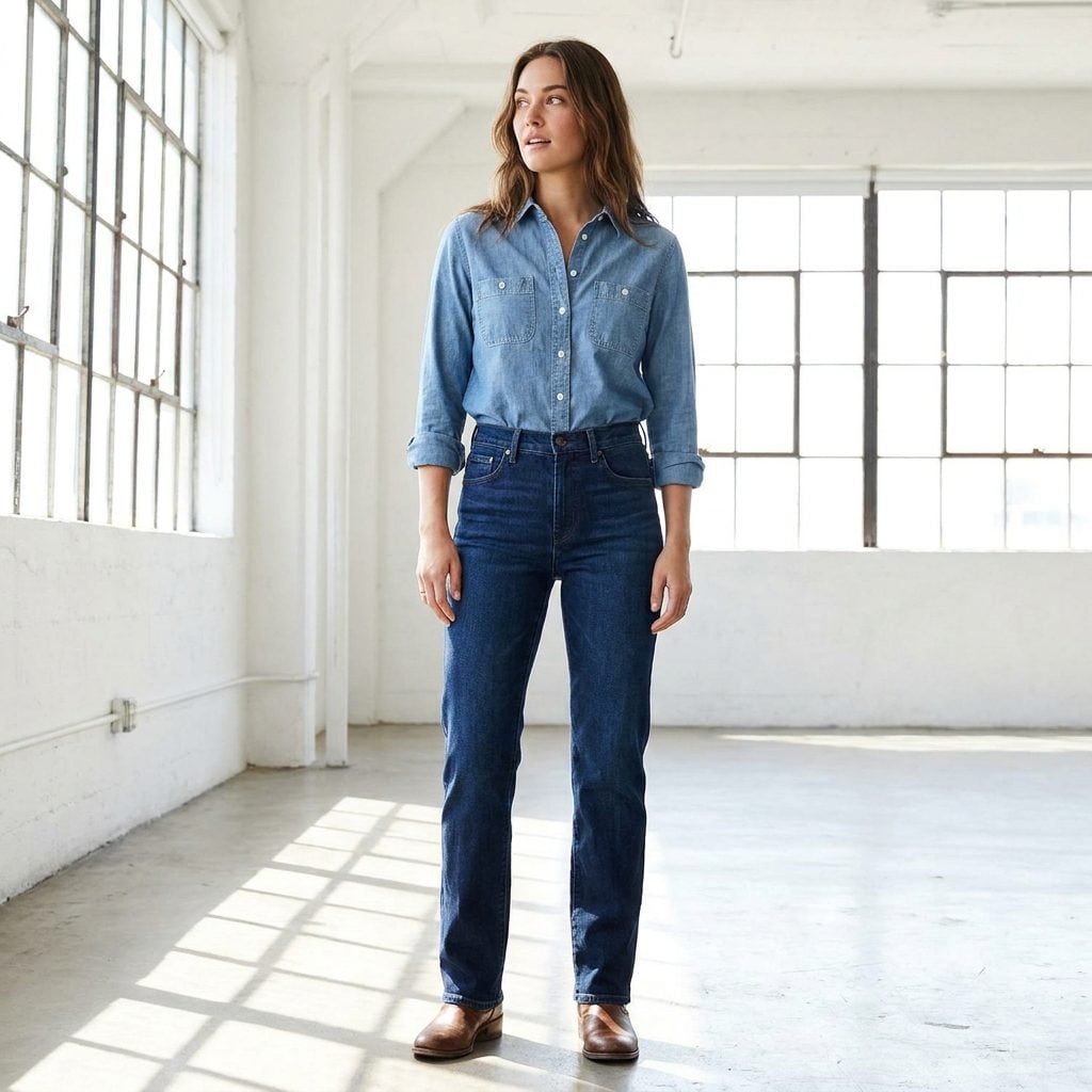 Denim Shirt Layered Over a Simple Tank With Straight-Leg Jeans