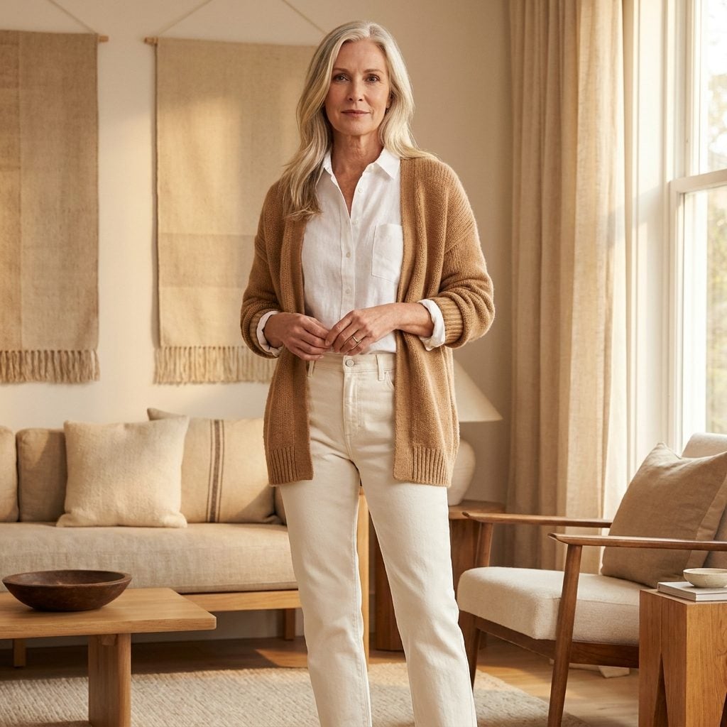 Layered Under a Camel Cardigan With White Jeans