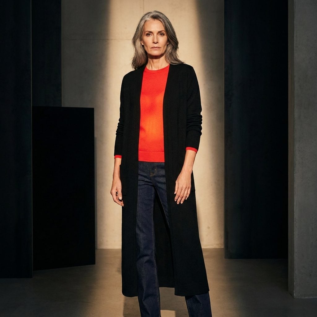 Long Black Cardigan, Red Fine Knit, and Dark Straight Denim