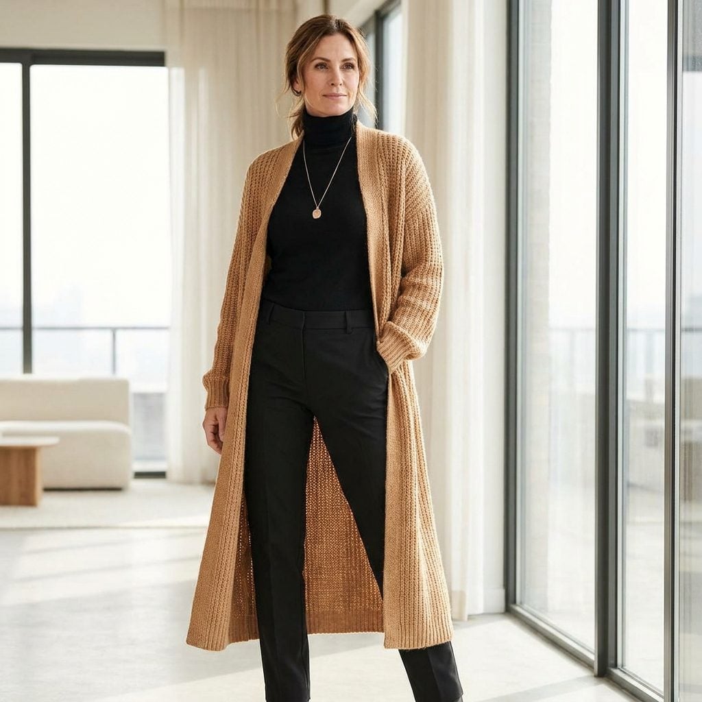 Long Camel Cardigan + Black Inner Column