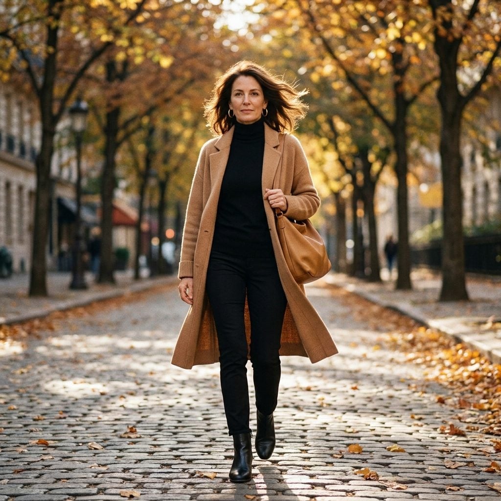 Long camel cardigan coat worn open over an all-black outfit