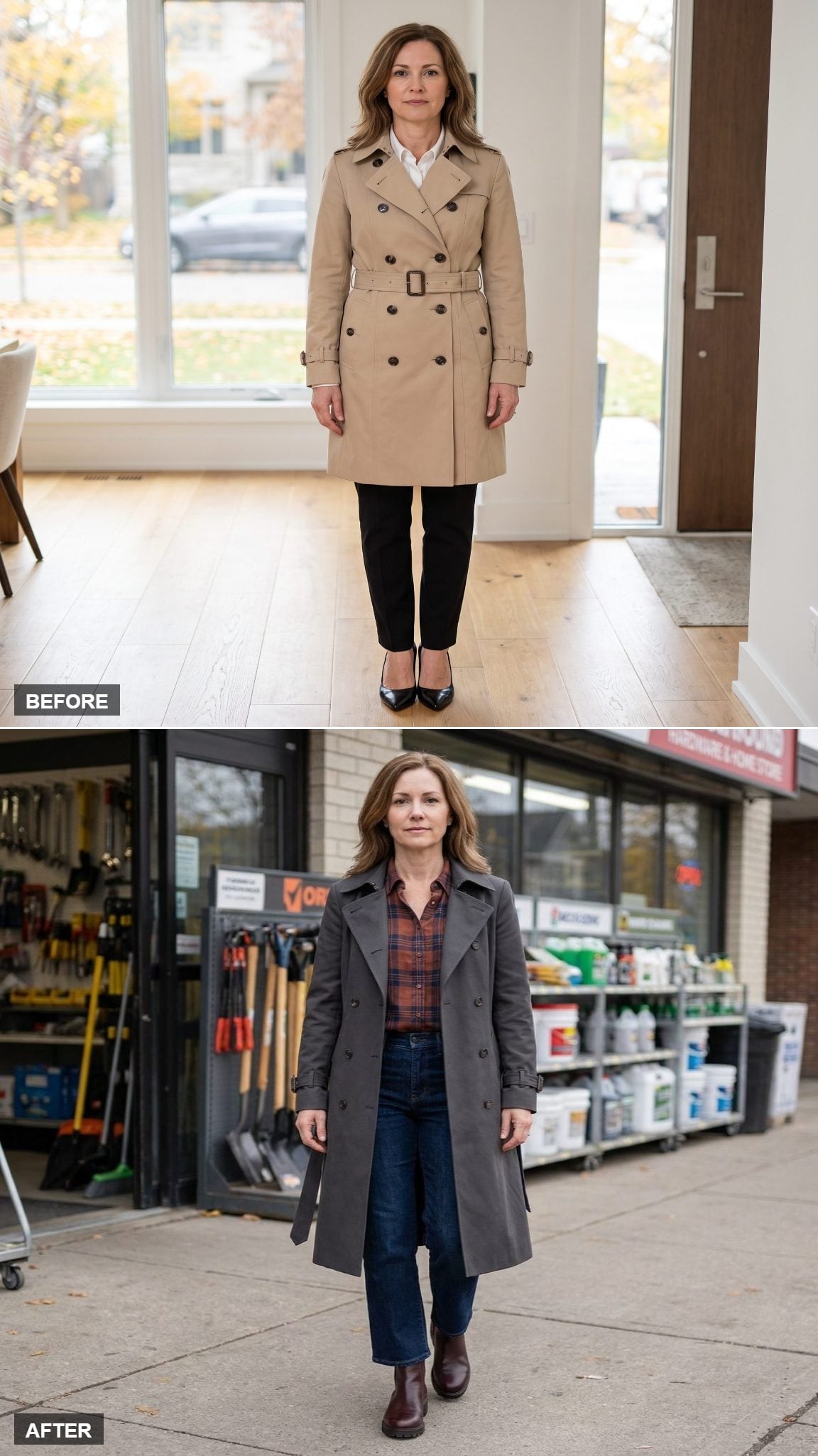Long Charcoal Trench + Rust Plaid Shirt + Deep Indigo Jeans + Oxblood Lug-Sole Boots