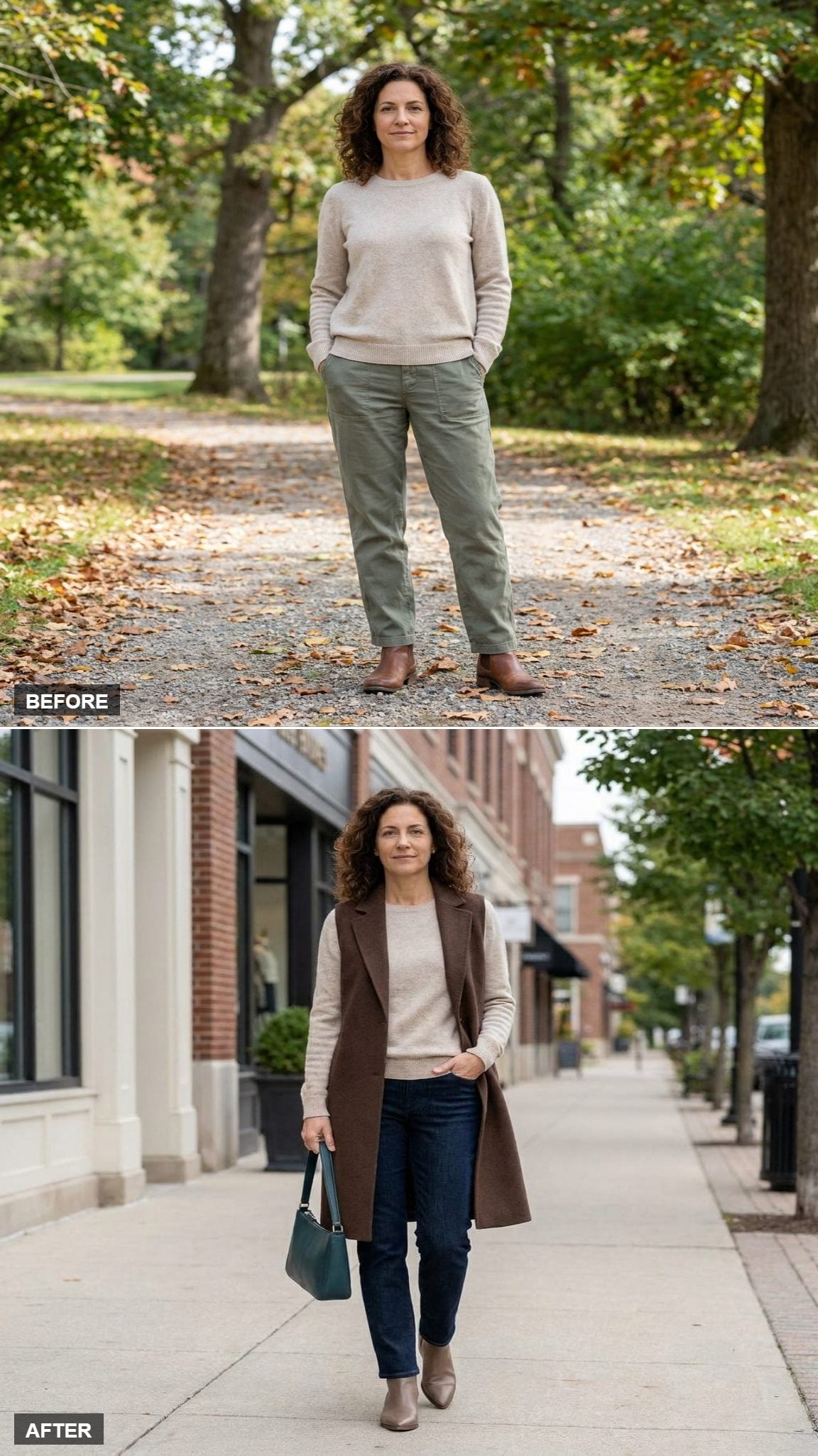 Long Chocolate Wool Vest Over the Crewneck Creates the Vertical Line the Sweater Was Missing