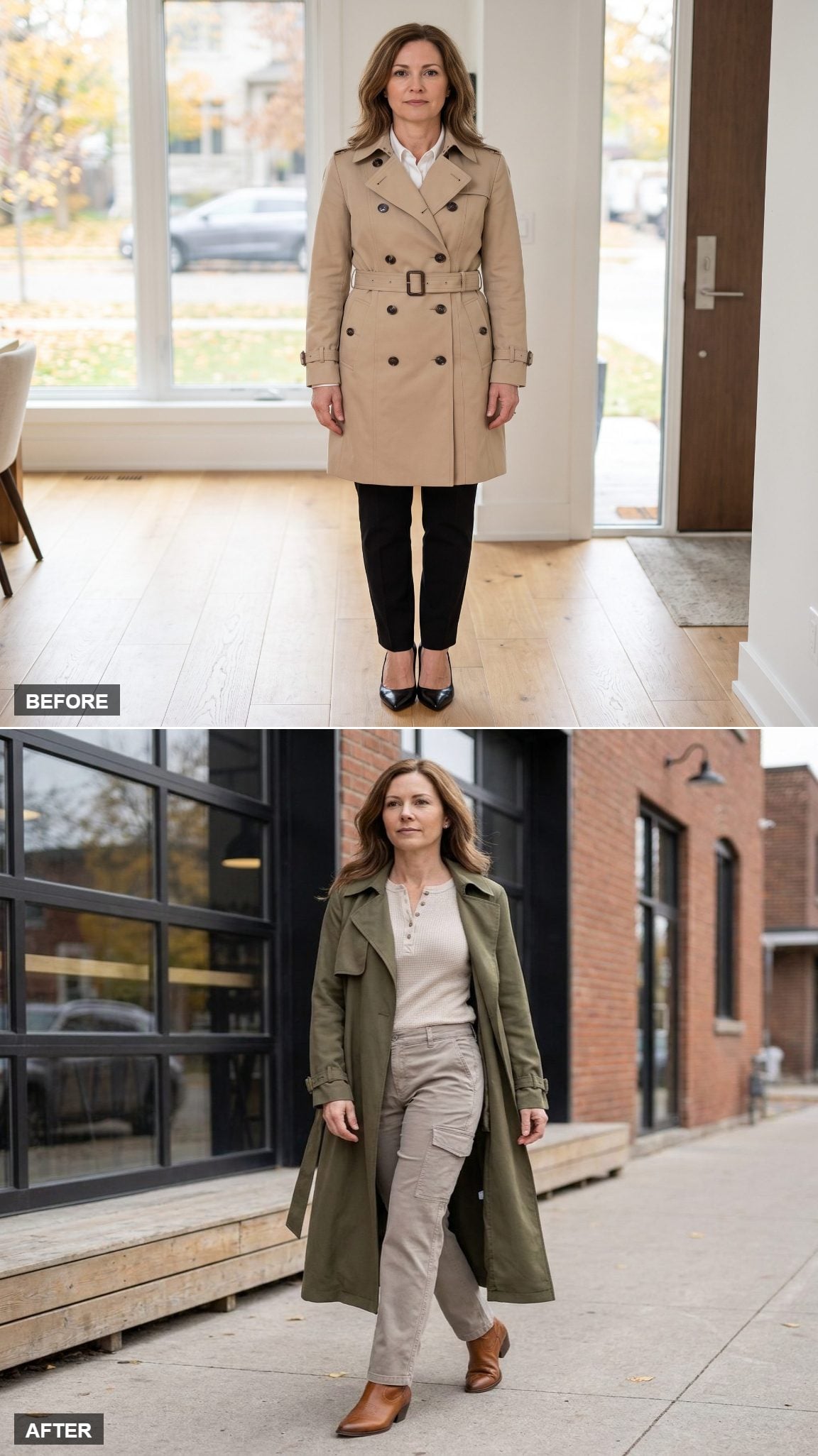 Long Fluid Olive Trench, Waffle-Knit Henley, Stone Cargo Trousers, and Tobacco Western Ankle Boots