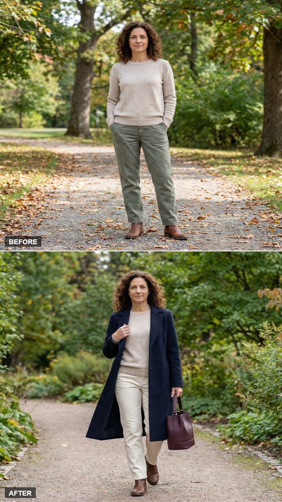 A Long Open Navy Wool Coat Over Cream Trousers: Two Vertical Lines That Change Everything