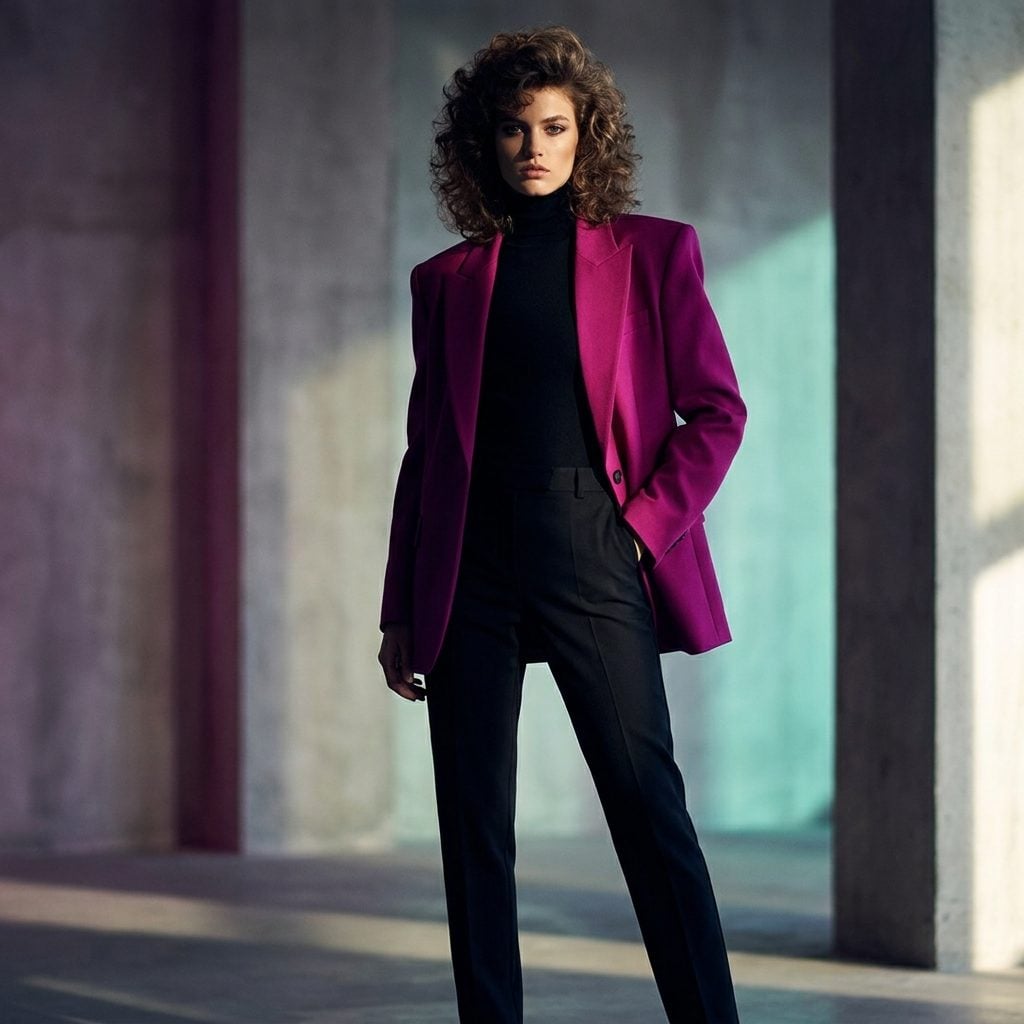 Magenta tailored jacket worn open over a black top and skirt